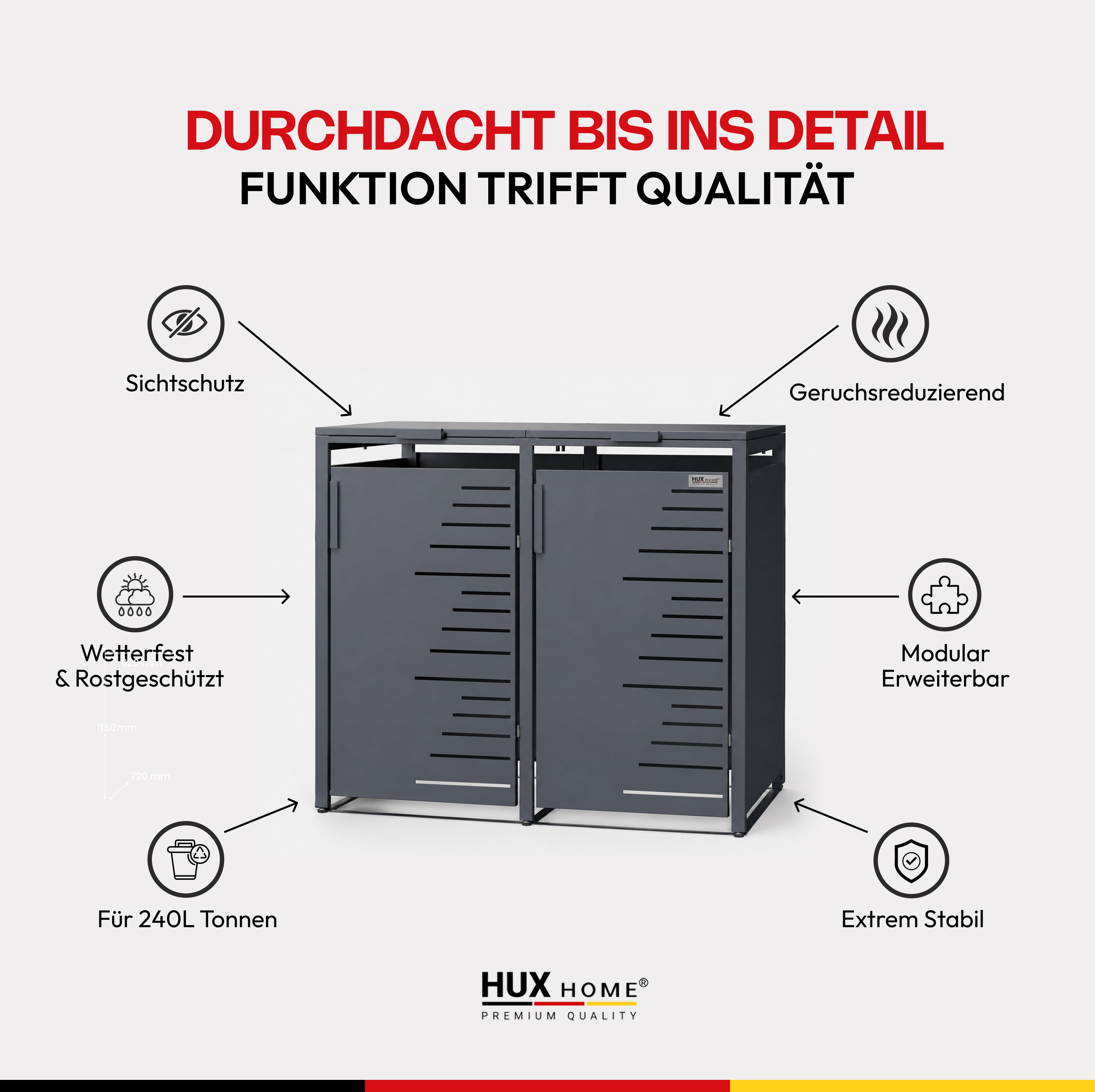 HUX-HOME® Köln Mülltonnenbox / Mülltonnenverkleidung für 240L Tonnen
