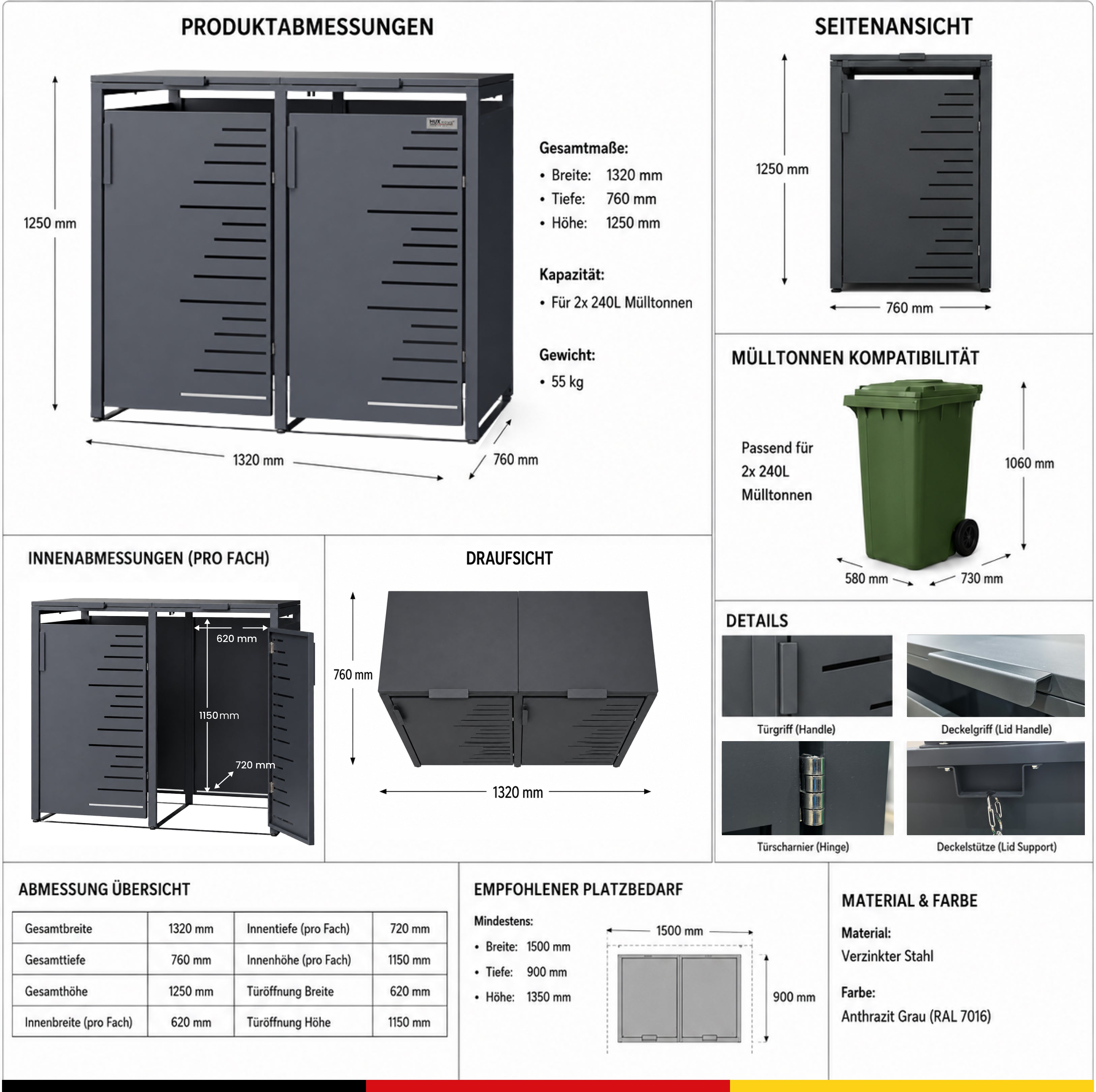 HUX-HOME® Köln Mülltonnenbox / Mülltonnenverkleidung für 240L Tonnen