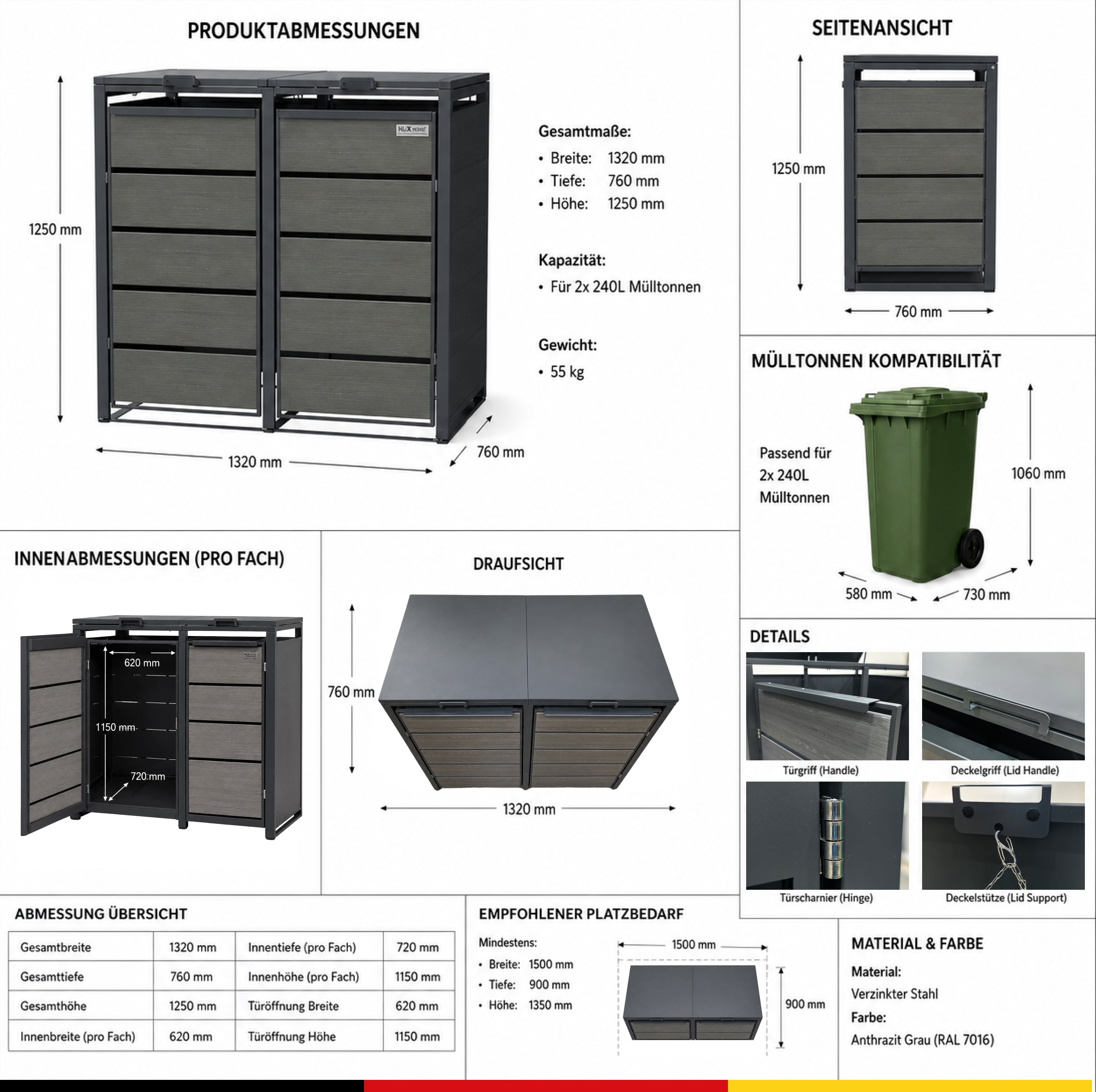HUX-HOME® Düsseldorf Mülltonnenbox / Mülltonnenverkleidung für 240L Tonnen