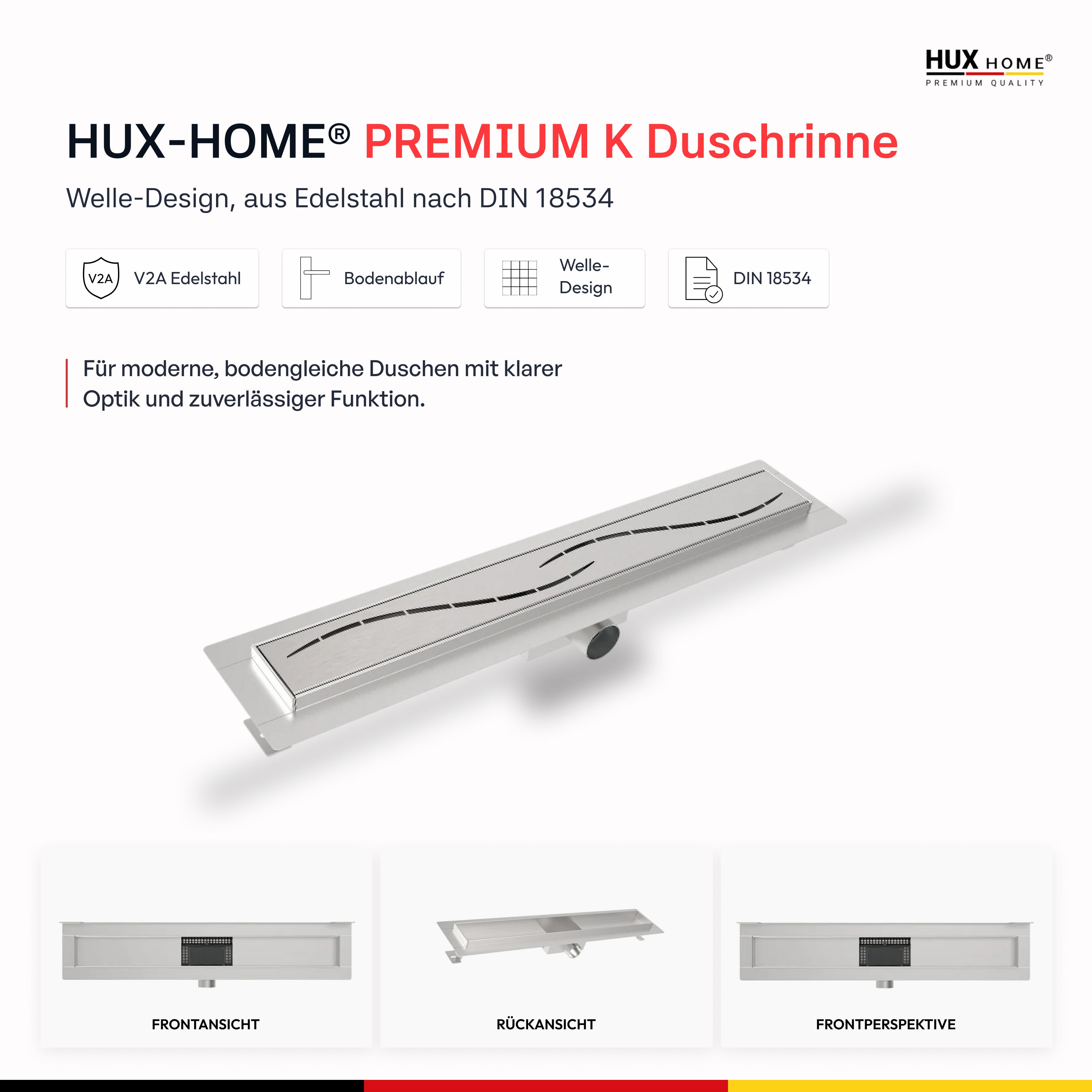HUX-HOME® PREMIUM K Duschrinne welle 60-120 cm aus Edelstahl nach DIN18534