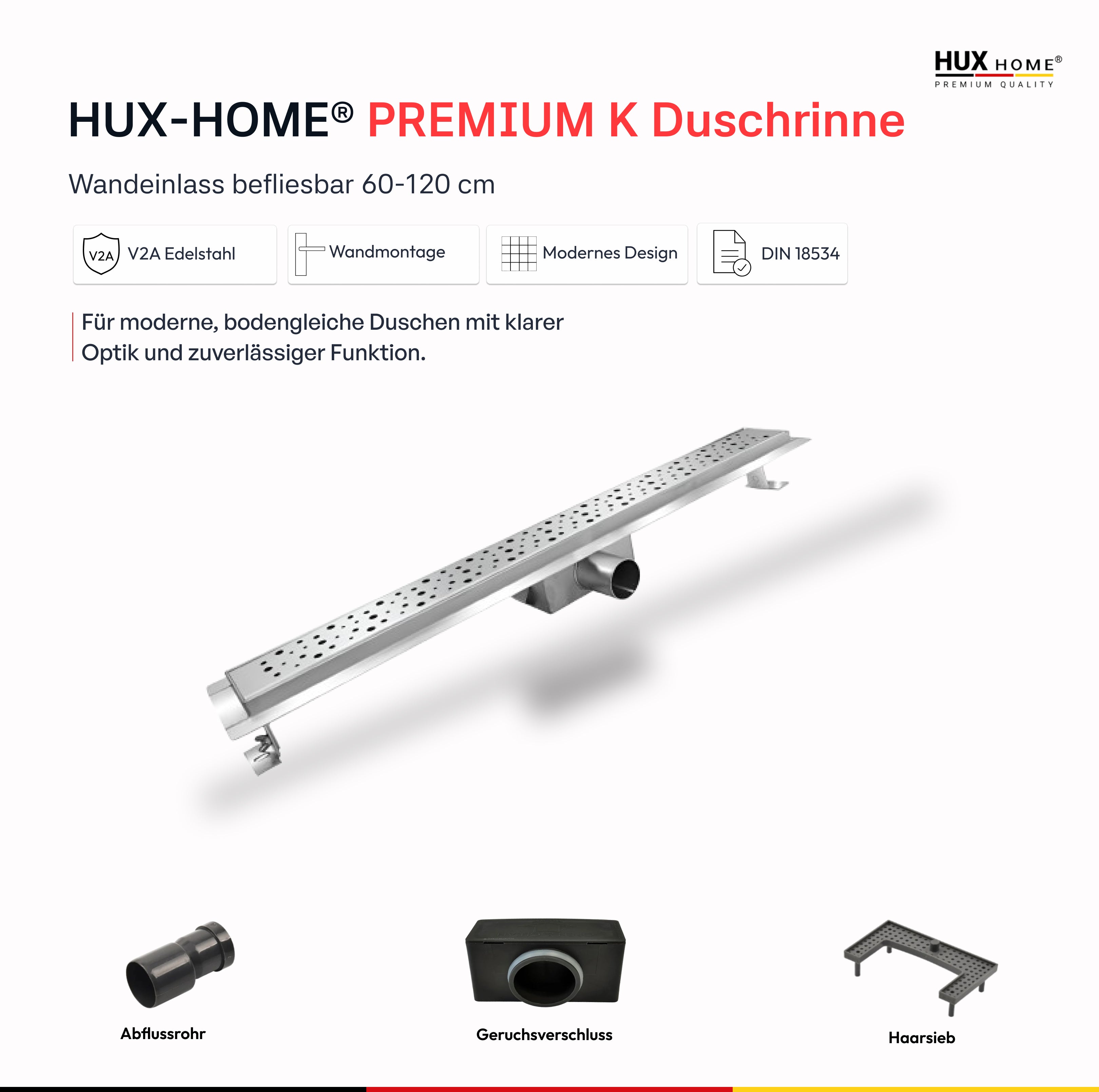HUX-HOME® PREMIUM K pearl shower channel 60-120 cm made of stainless steel according to DIN18534