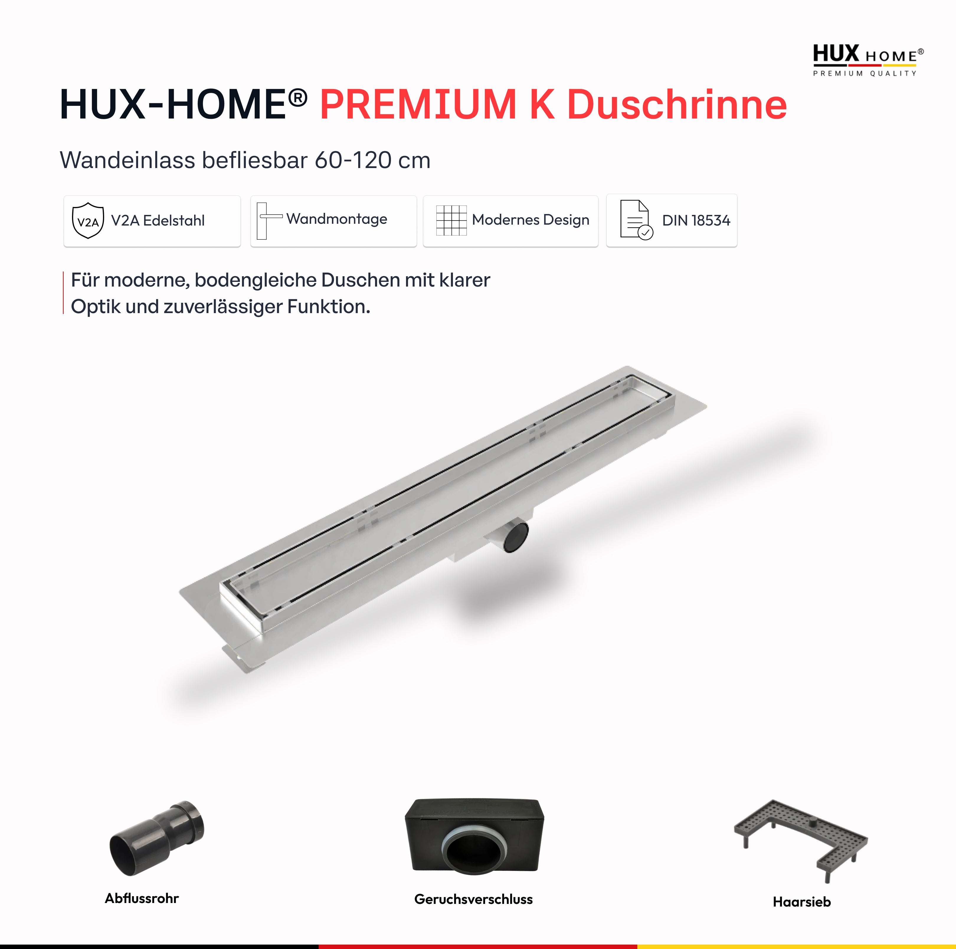 HUX-HOME® PREMIUM K tileable shower channel 60-120 cm made of stainless steel according to DIN18534