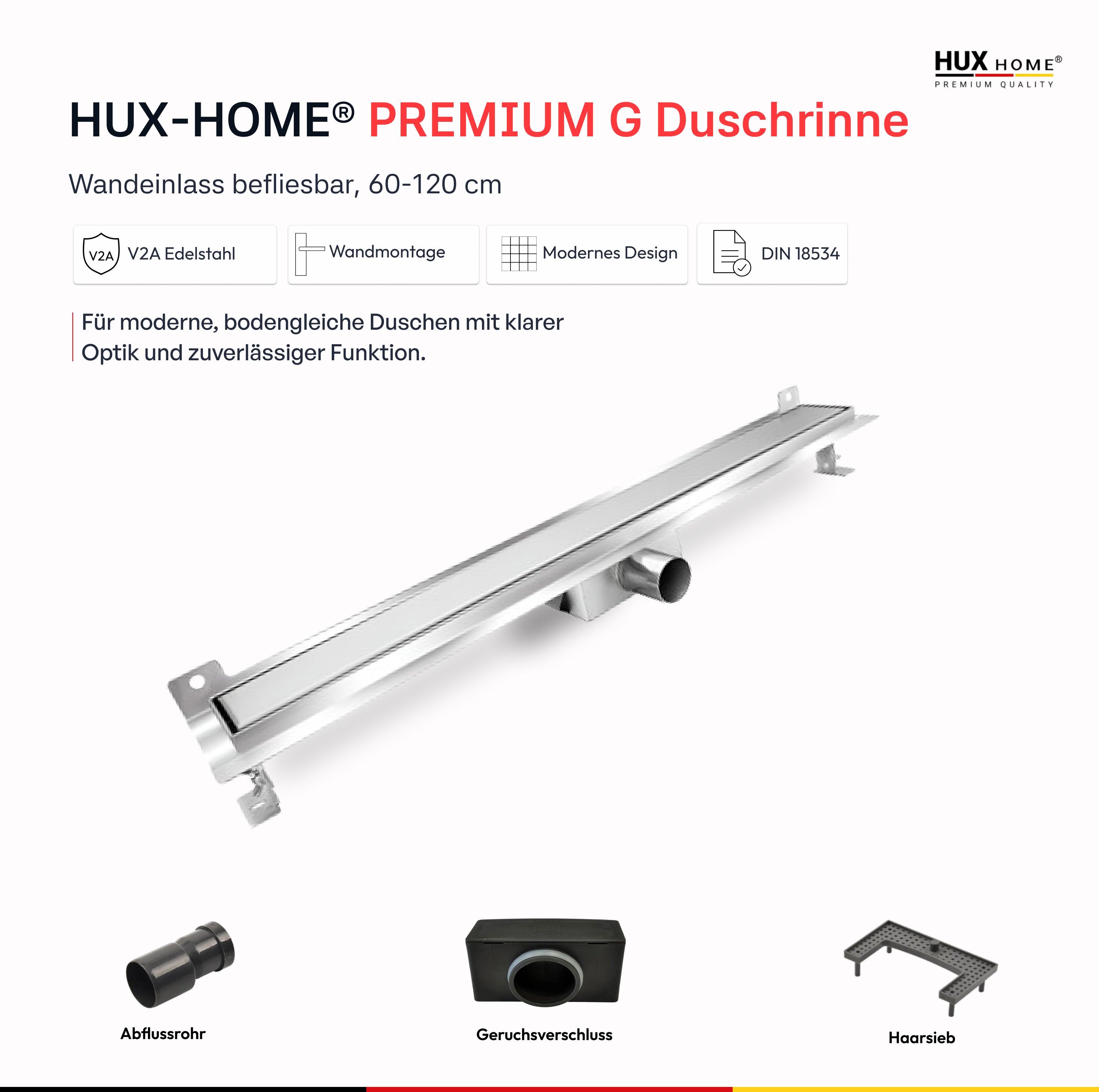 HUX-HOME® PREMIUM G Duschrinne befliesbar 60-120 cm aus Edelstahl nach DIN18534