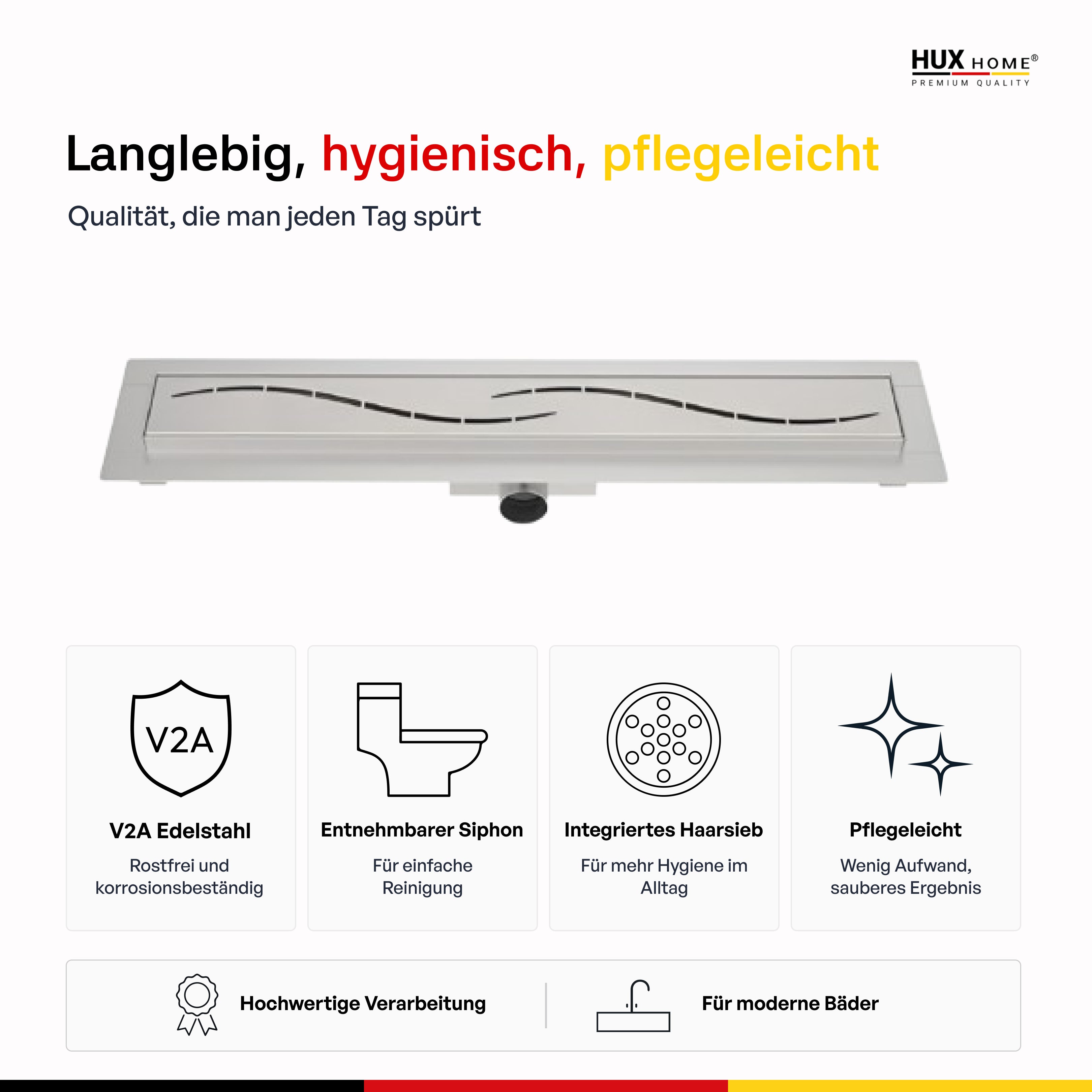 HUX-HOME® PREMIUM G Duschrinne welle 60-120 cm aus Edelstahl nach DIN18534