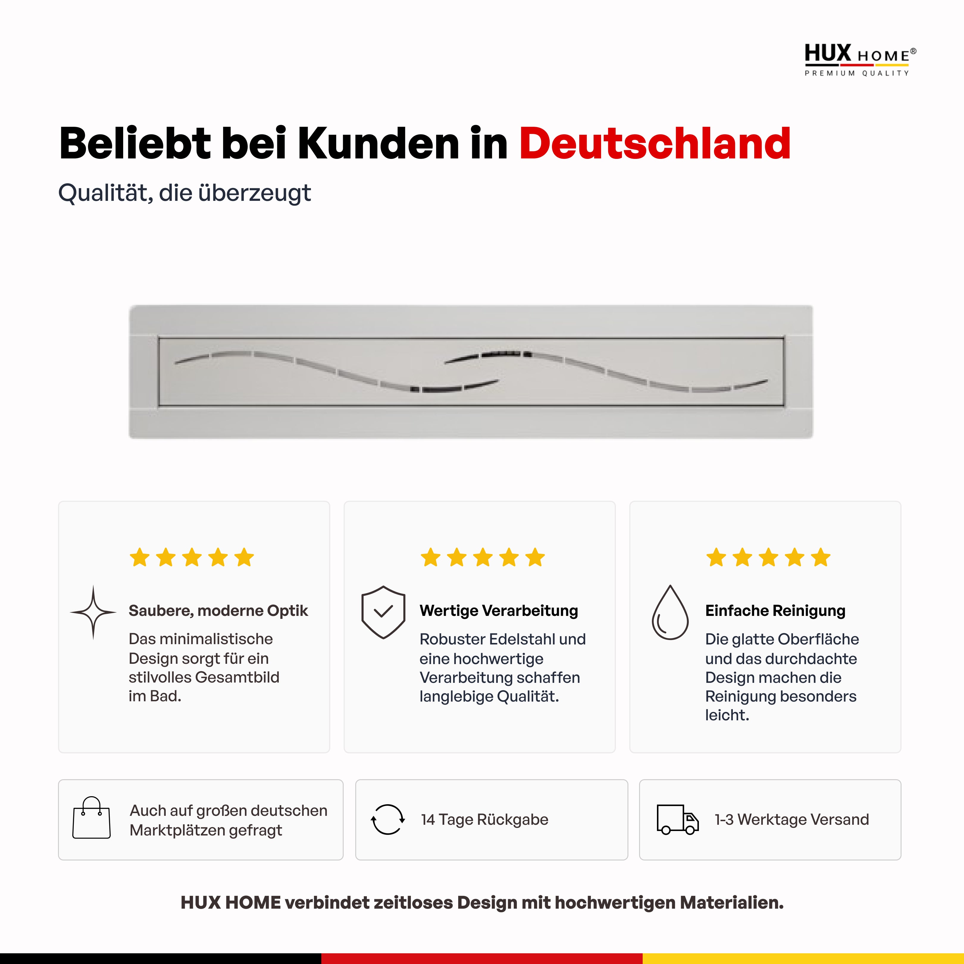 HUX-HOME® PREMIUM G Duschrinne welle 60-120 cm aus Edelstahl nach DIN18534