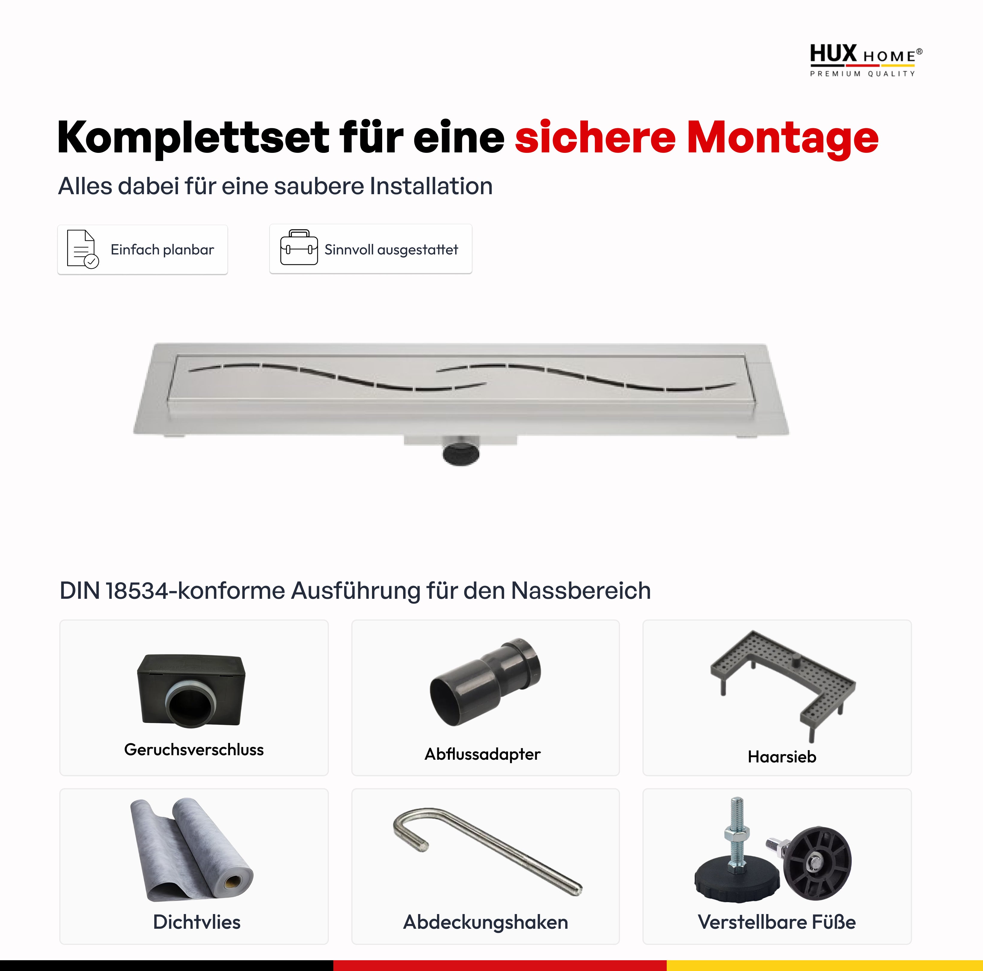HUX-HOME® PREMIUM G Duschrinne welle 60-120 cm aus Edelstahl nach DIN18534