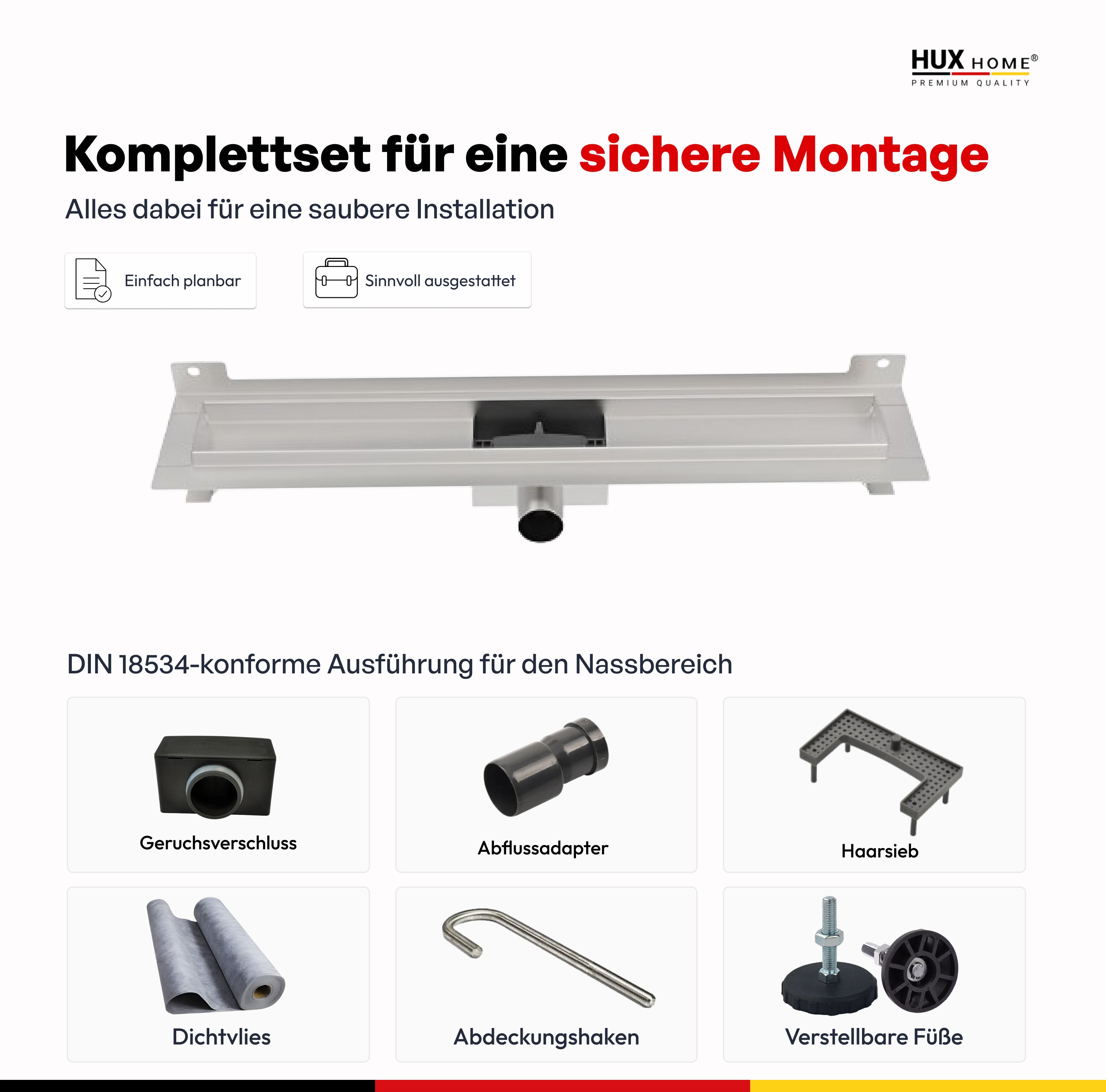 HUX-HOME® PREMIUM G Duschrinne befliesbar 60-120 cm aus Edelstahl nach DIN18534