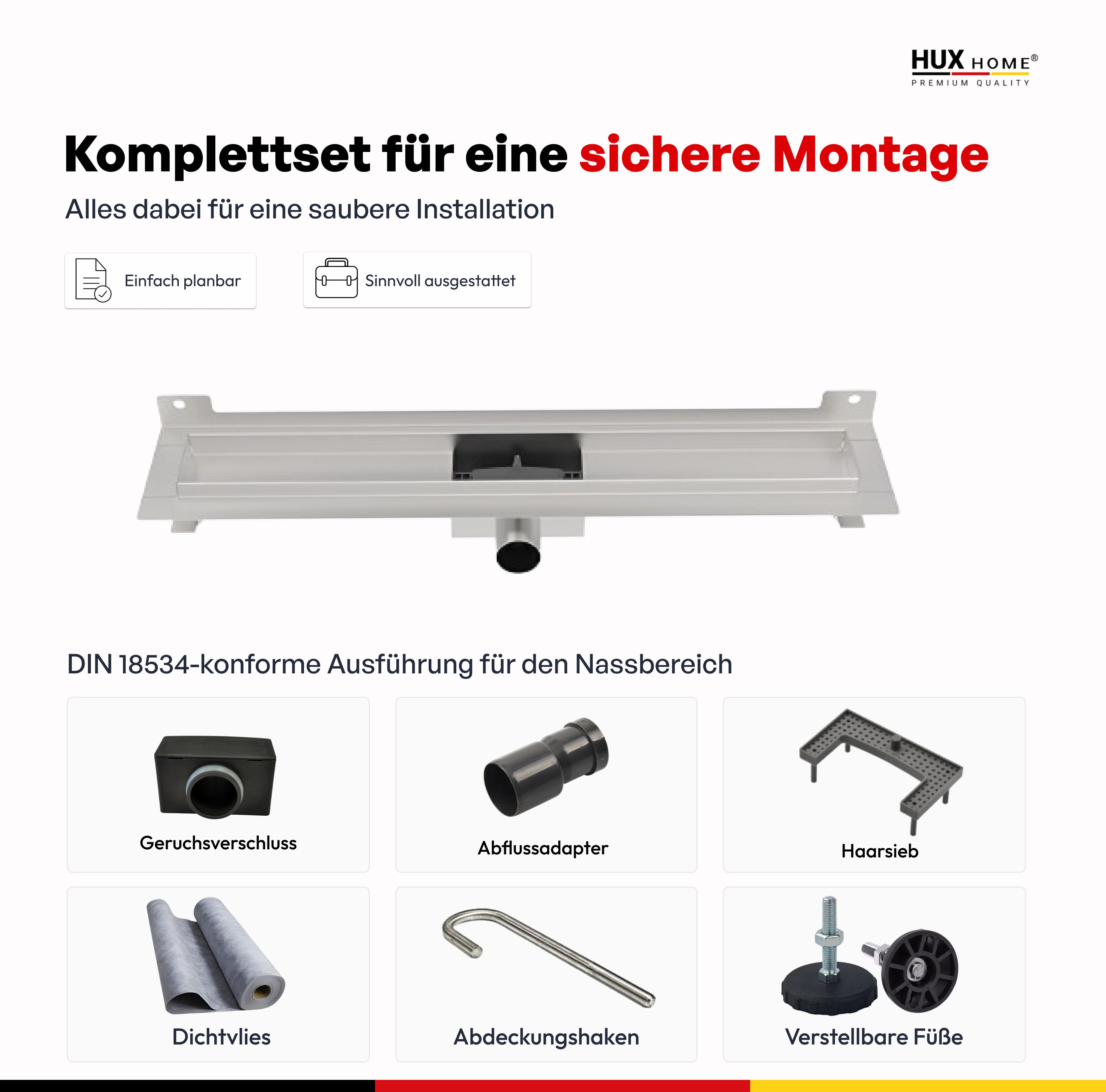 HUX-HOME® PREMIUM G Duschrinne 3-reihig gelocht 60-120 cm aus Edelstahl nach DIN18534