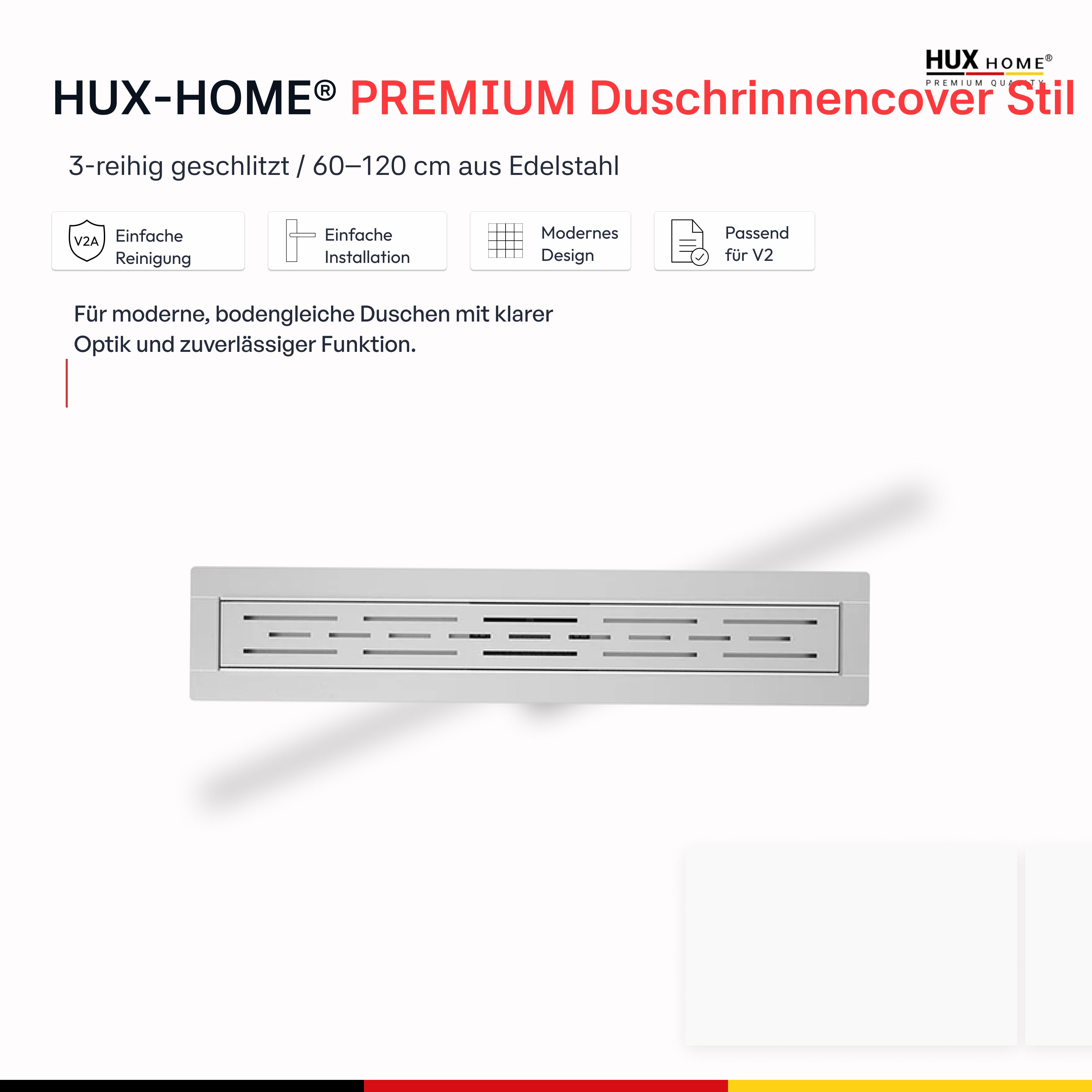 HUX HOME® PREMIUM Duschrinnencover/Abdeckung Stil 3-reihig geschlitzt 60-120 cm aus Edelstahl