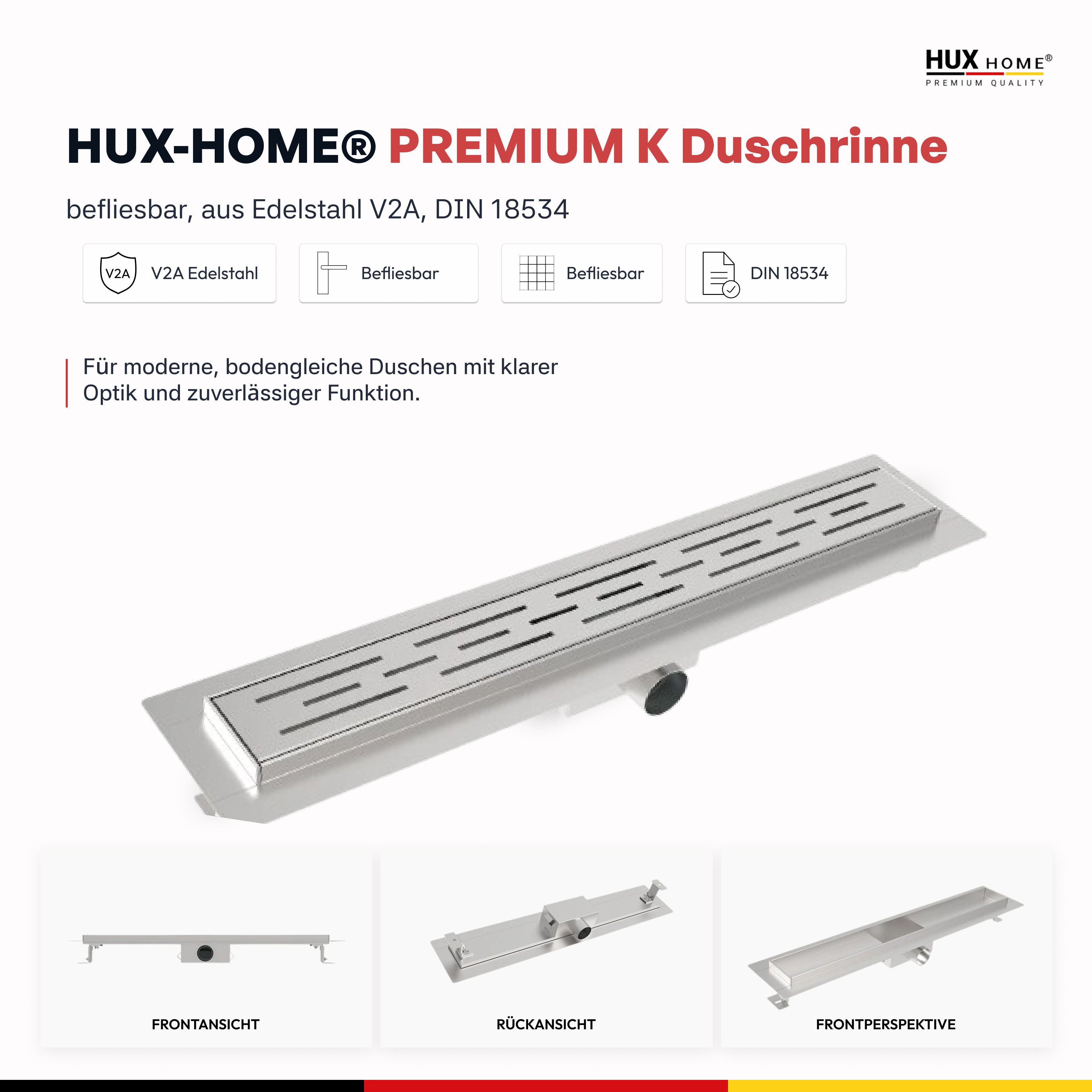 HUX-HOME® PREMIUM K Duschrinne 3-reihig geschlitzt 60-120 cm aus Edelstahl nach DIN18534