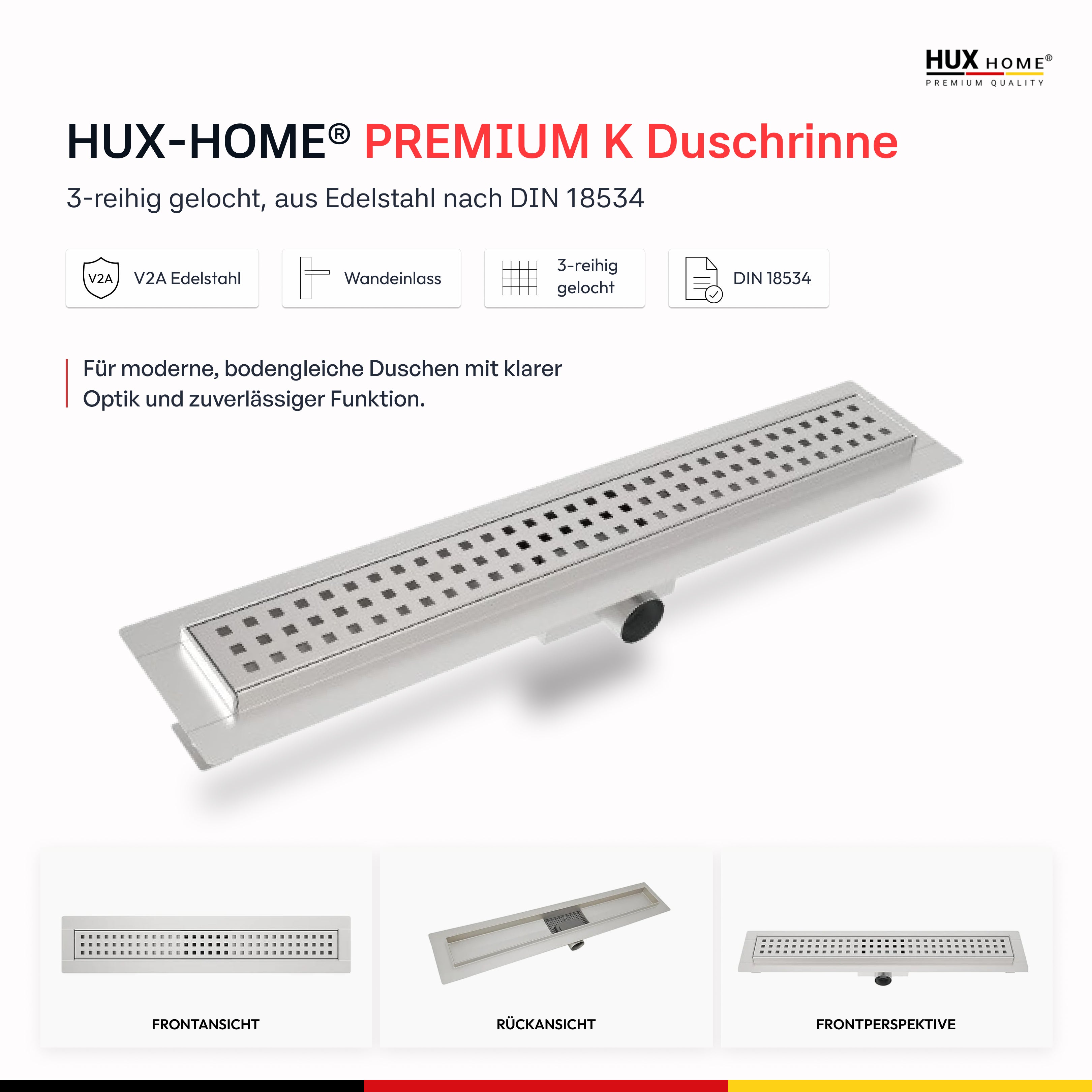 HUX-HOME® PREMIUM K Duschrinne griechisch 60-120 cm aus Edelstahl nach DIN18534