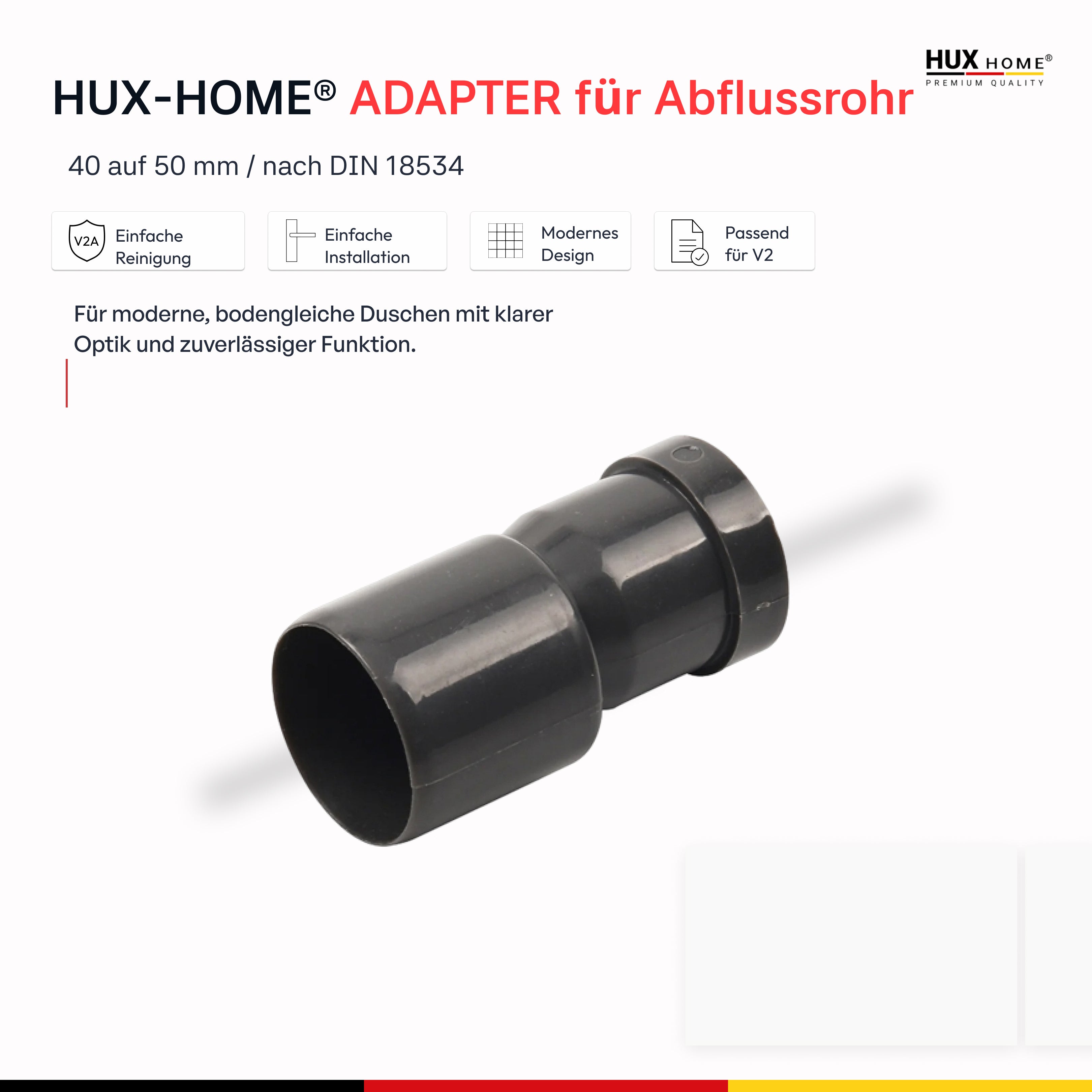 HUX-HOME® ADAPTER für Abflussrohr Dusche 40 auf 50 mm Duschablauf Abwasserrohr Duschrinne Rohradapter
