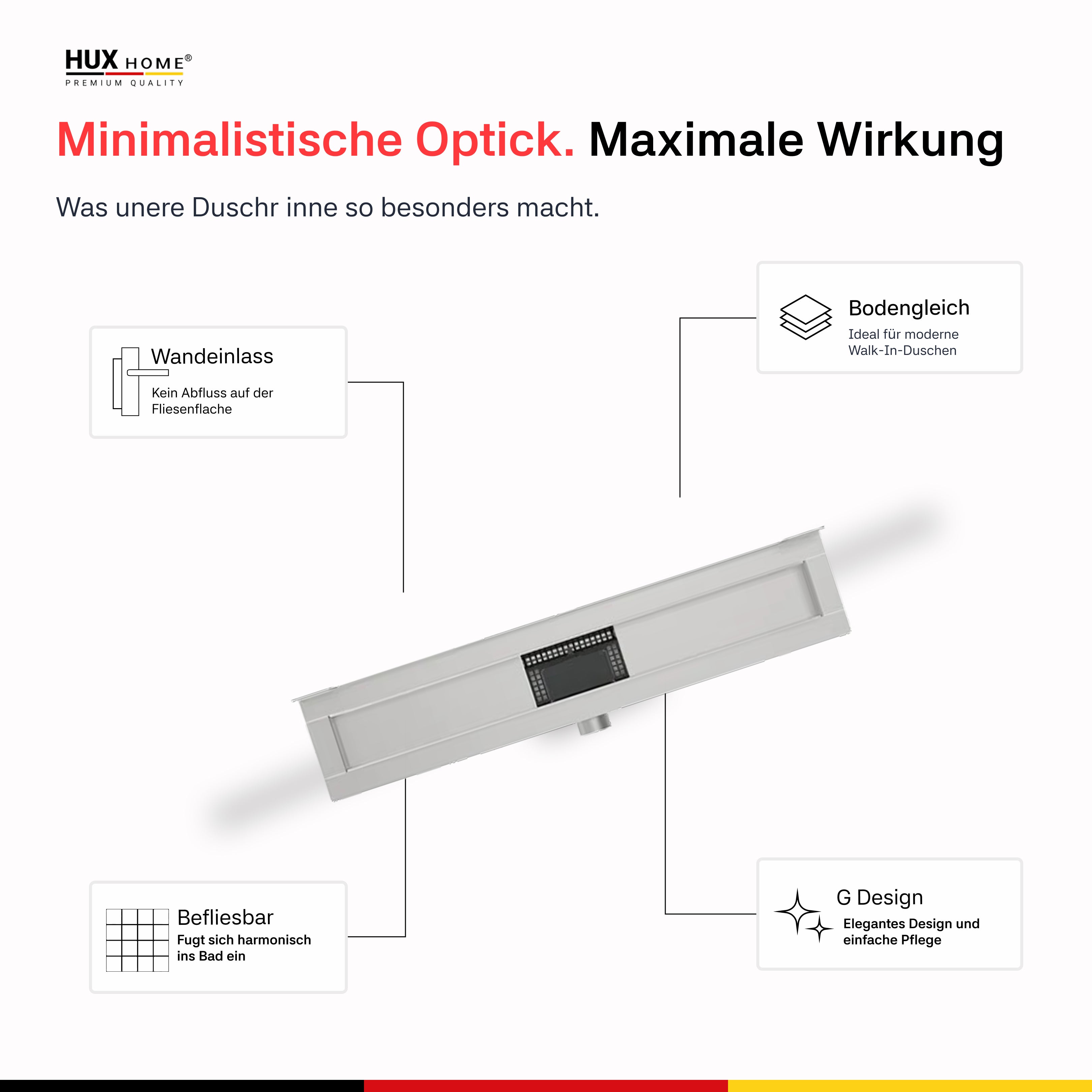 HUX-HOME® PREMIUM G Duschrinne befliesbar 60-120 cm aus Edelstahl nach DIN18534 Wandmontage