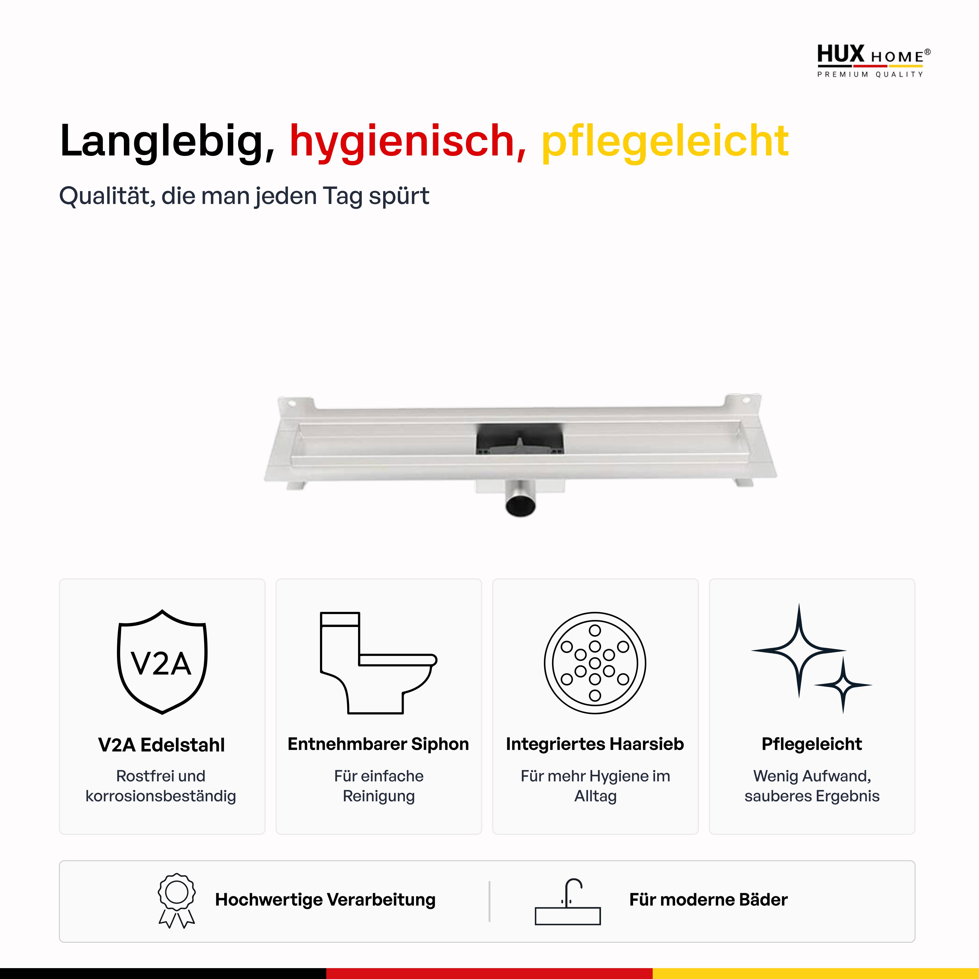 HUX-HOME® PREMIUM G Duschrinne befliesbar 60-120 cm aus Edelstahl nach DIN18534 Wandmontage