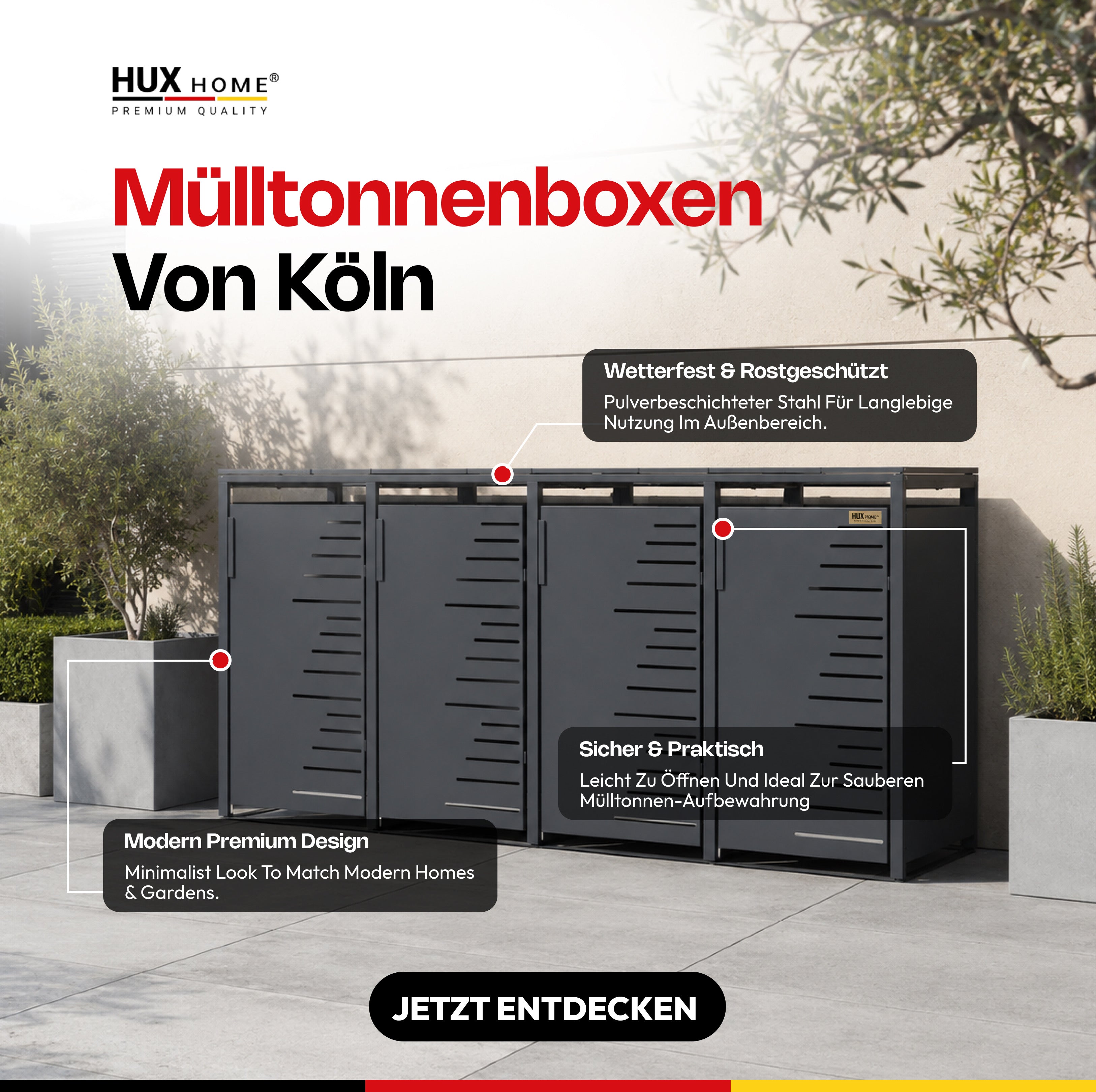 HUX-HOME® Köln premium wheelie-bin storage box in an exclusive, minimalist design | wheelie-bin enclosure for 240-L bins V.2