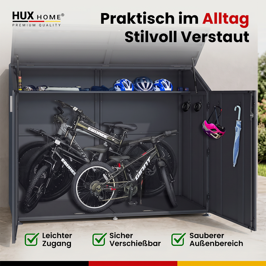 HUX-HOME® Fahrradgarage für bis zu 4 Fahrräder Premium Fahrradbox aus verzinktem Stahl | separater Stauraum | abschließbar | wettergeschützt