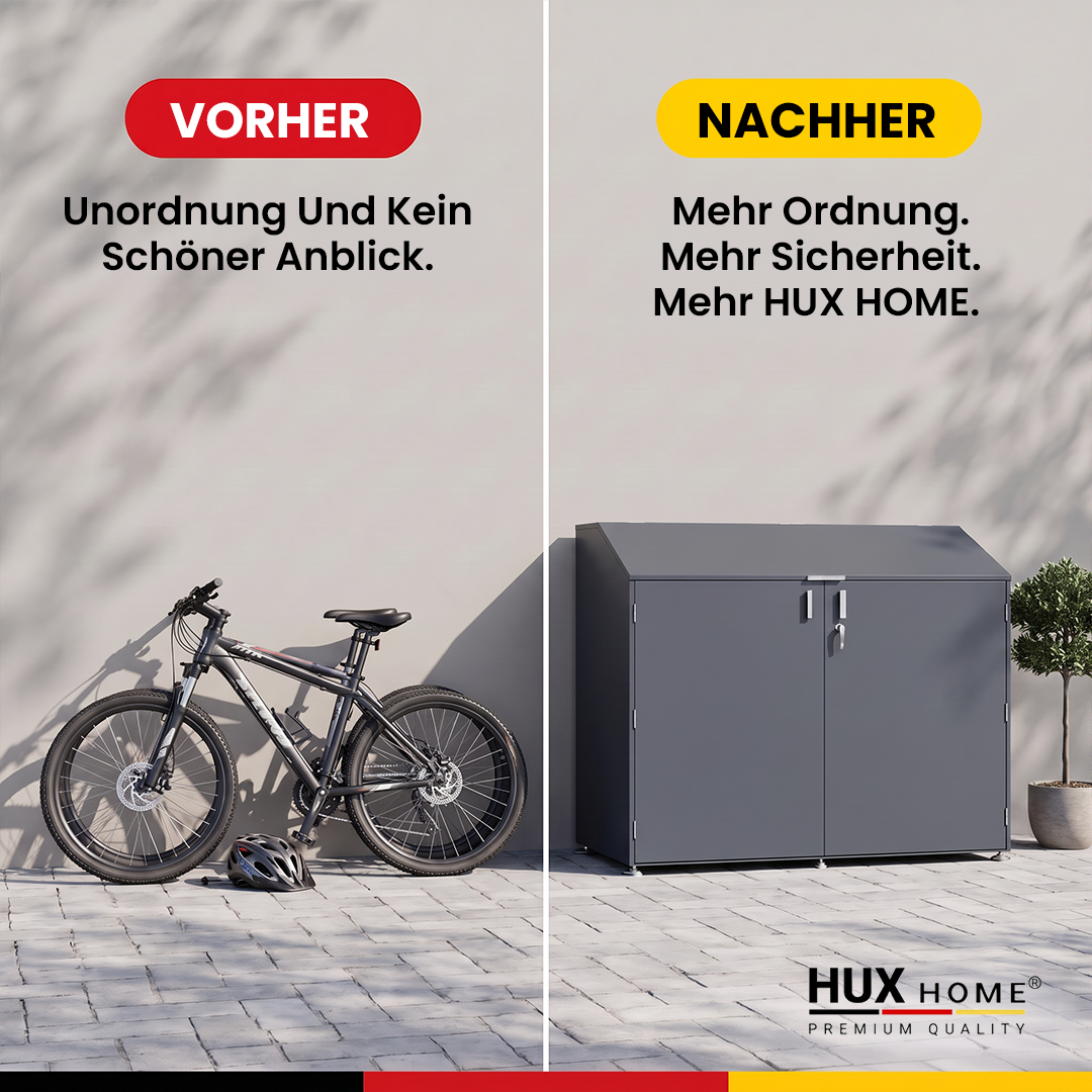 HUX-HOME® Fahrradgarage für bis zu 4 Fahrräder Premium Fahrradbox aus verzinktem Stahl | separater Stauraum | abschließbar | wettergeschützt