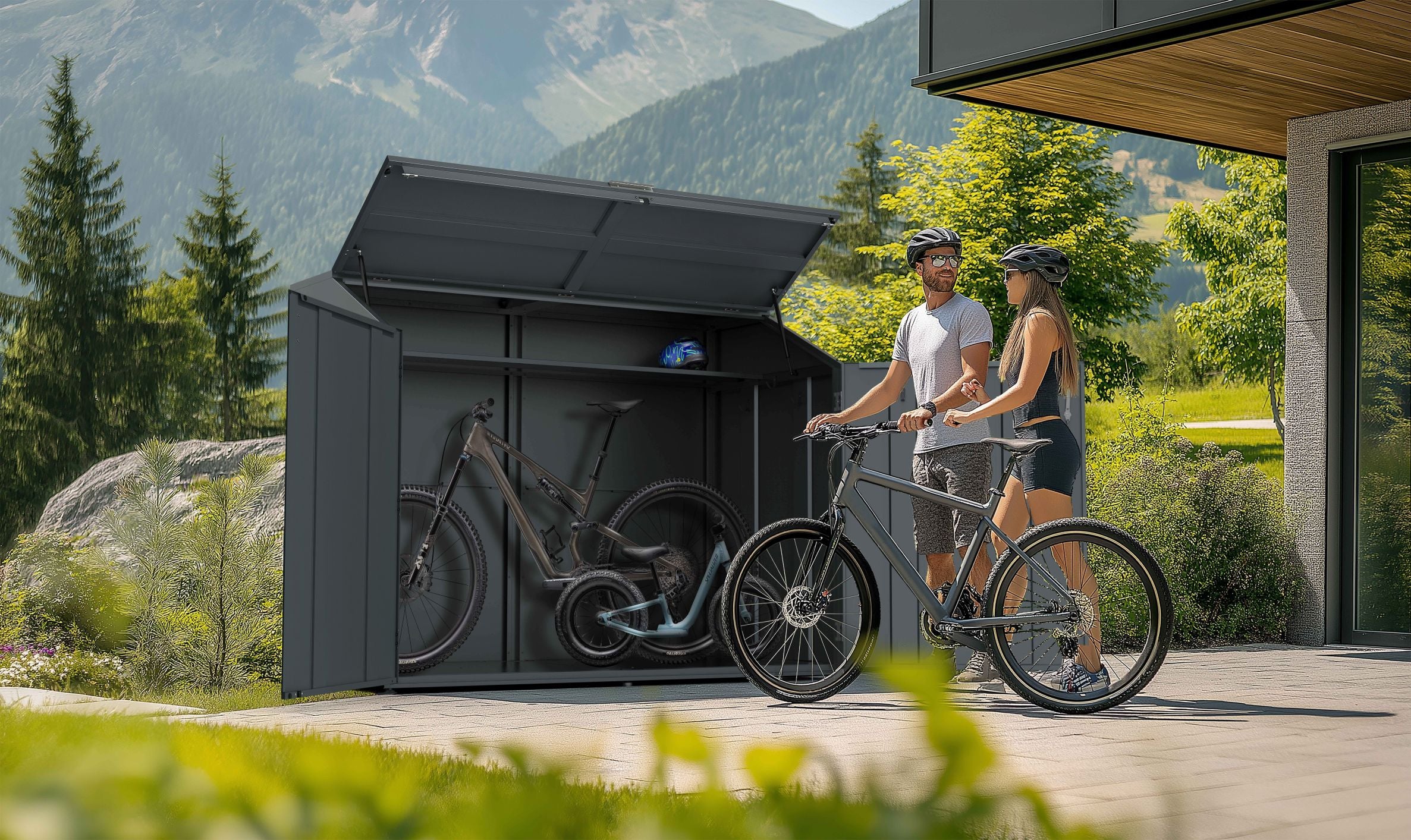 HUX-HOME® Fahrradgarage für bis zu 4 Fahrräder Premium Fahrradbox aus verzinktem Stahl | separater Stauraum | abschließbar | wettergeschützt