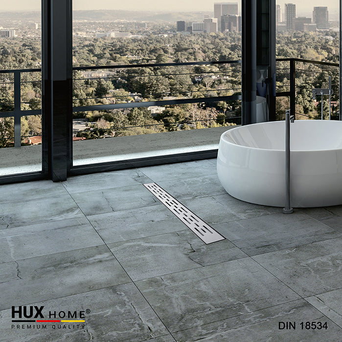 HUX HOME® PREMIUM Duschrinne aus Edelstahl V2A mit 3-reihig geschlitzt Abdeckung, Ansicht von oben DIN 18534 konform Model K