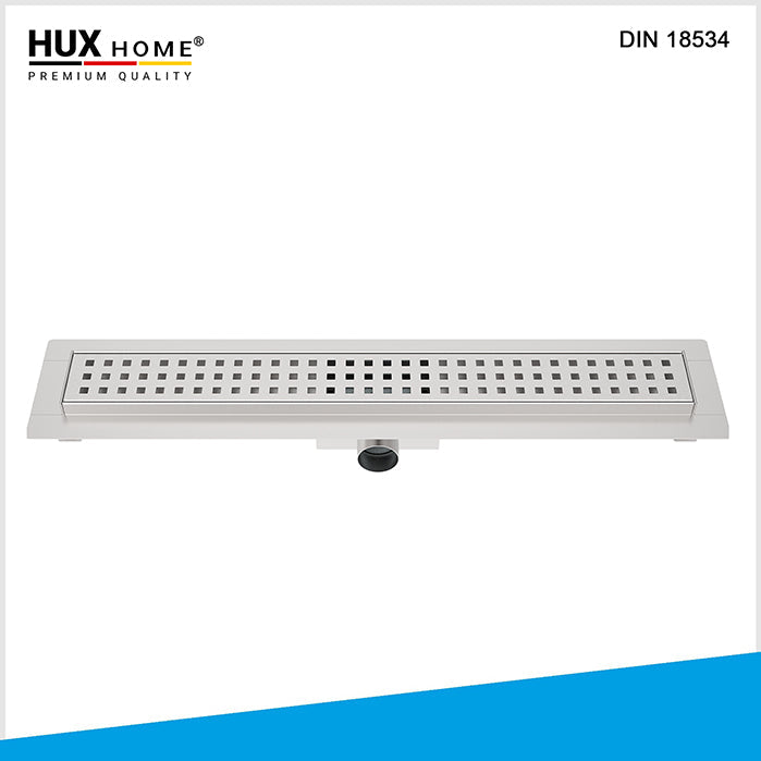 HUX HOME® PREMIUM Duschrinne aus Edelstahl V2A mit 3-reihig gelocht Abdeckung, Ansicht von oben DIN 18534 konform Model K