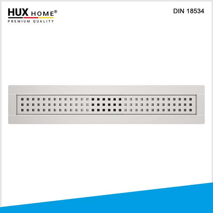 HUX HOME® PREMIUM Duschrinne aus Edelstahl V2A mit 3-reihig gelocht Abdeckung, Ansicht von oben DIN 18534 konform Model K