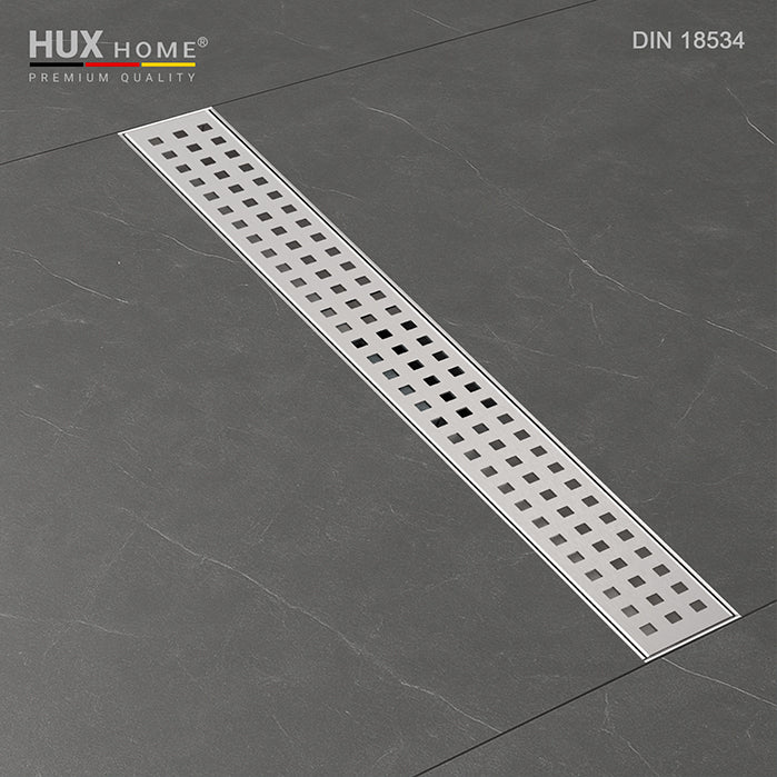 HUX HOME® PREMIUM Duschrinne aus Edelstahl V2A mit 3-reihig gelocht Abdeckung, Ansicht von oben DIN 18534 konform Model K