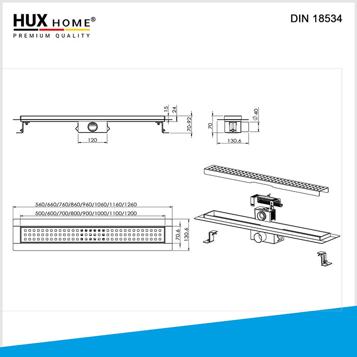 Skizze HUX HOME® PREMIUM Duschrinne aus Edelstahl V2A mit 3-reihig gelocht Abdeckung, Model K