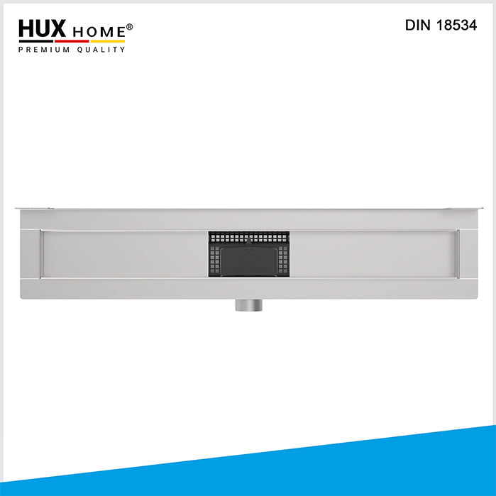 Frontansicht der HUX HOME Duschrinne MODEL_G mit integriertem Siphon und Edelstahlkörper