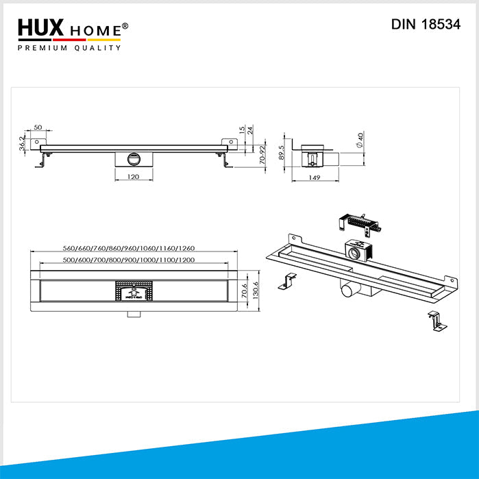 Technische Skizze, Zeichen der HUX HOME, Duschrinne 60cm 70cm 80cm 90cm 100cm 110cm 120 cm mit Maßangaben und Zubehör – gemäß DIN 18534.
