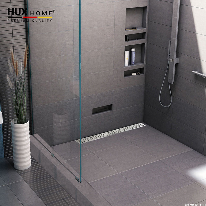 Duschrinne, HUX HOME, Edelstahl, V2A, wandnah, bodengleich, barrierefrei, Dusche, Badezimmer, Abfluss, Siphon, Haarsieb, Dichtvlies, DIN18534, Abdeckung Perle, Komplettset, pflegeleicht, hygienisch, modern, Fliesenflansch, befliesbar, Duschablauf, Premiumqualität