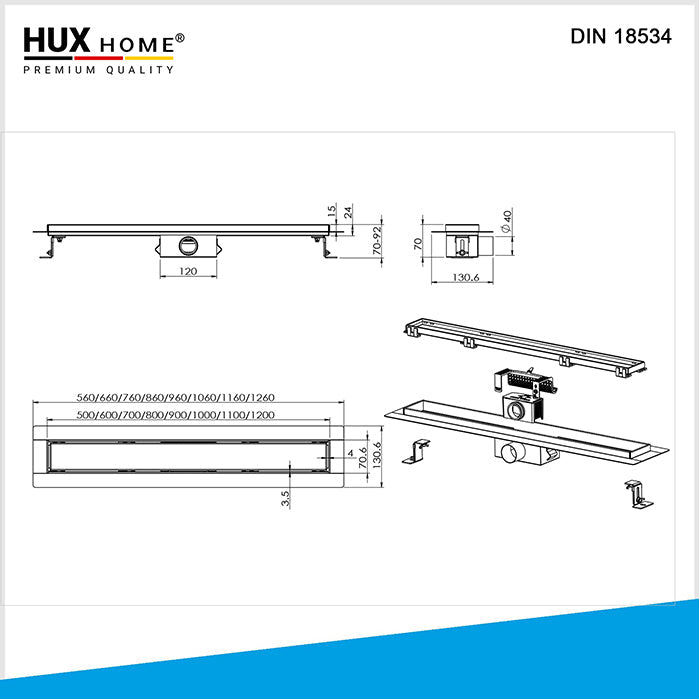 Skizze DIN 18534, befliesbar, bodengleich, 60 cm, 70 cm, 80 cm, 90 cm, 100 cm, 110 cm, 120 cm, 7 cm Breite, 40 mm Rohr, 35 l/min, Duschrinne, Premium Qualität, HUX Home