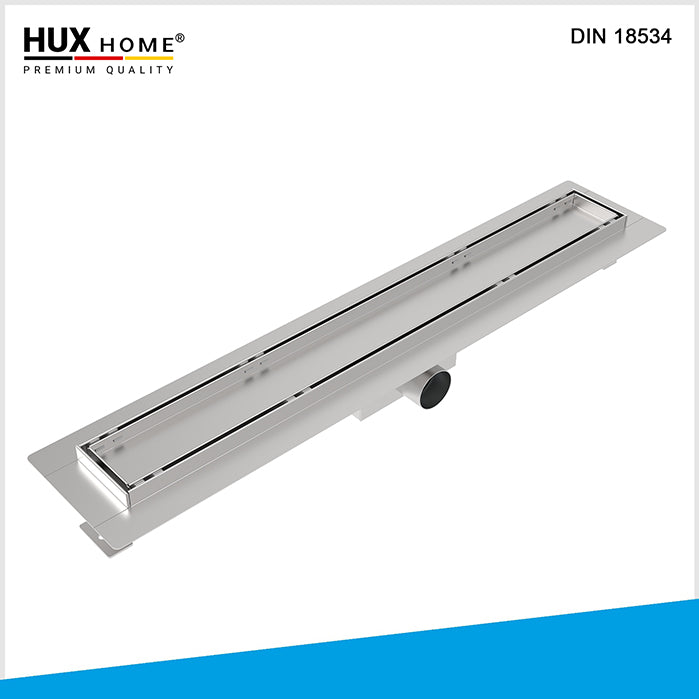 Edelstahl, Edelstahl V2A, gebürstet, rostfrei, DIN 18534, Fliesenflansch, befliesbar, bodengleich, 60 cm, 70 cm, 80 cm, 90 cm, 100 cm, 110 cm, 120 cm, 7 cm Breite, 40 mm Rohr, 35 l/min, Duschrinne, Premium Qualität, HUX HOME