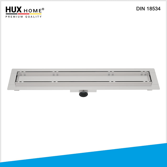 Edelstahl, Edelstahl V2A, gebürstet, rostfrei, DIN 18534, Fliesenflansch, befliesbar, bodengleich, 60 cm, 70 cm, 80 cm, 90 cm, 100 cm, 110 cm, 120 cm, 7 cm Breite, 40 mm Rohr, 35 l/min, Duschrinne, Premium Qualität, HUX HOME