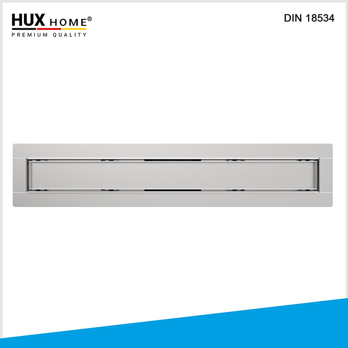 Edelstahl, Edelstahl V2A, gebürstet, rostfrei, DIN 18534, Fliesenflansch, befliesbar, bodengleich, 60 cm, 70 cm, 80 cm, 90 cm, 100 cm, 110 cm, 120 cm, 7 cm Breite, 40 mm Rohr, 35 l/min, Duschrinne, Premium Qualität, HUX HOME