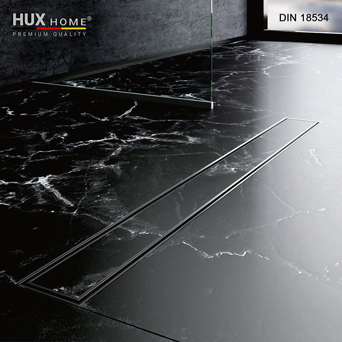 Edelstahl, Edelstahl V2A, gebürstet, rostfrei, DIN 18534, Fliesenflansch, befliesbar, bodengleich, 60 cm, 70 cm, 80 cm, 90 cm, 100 cm, 110 cm, 120 cm, 7 cm Breite, 40 mm Rohr, 35 l/min, Duschrinne, Premium Qualität, HUX HOME