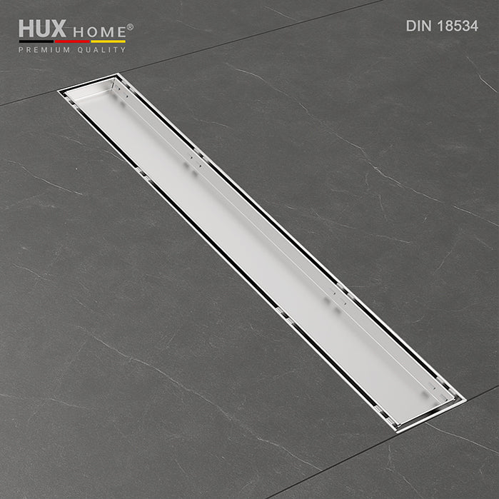 Edelstahl, Edelstahl V2A, gebürstet, rostfrei, DIN 18534, Fliesenflansch, befliesbar, bodengleich, 60 cm, 70 cm, 80 cm, 90 cm, 100 cm, 110 cm, 120 cm, 7 cm Breite, 40 mm Rohr, 35 l/min, Duschrinne, Premium Qualität, HUX HOME