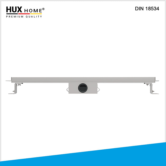 Seitenansicht der HUX HOME Duschrinne MODEL_G mit integriertem Siphon und Edelstahlkörper