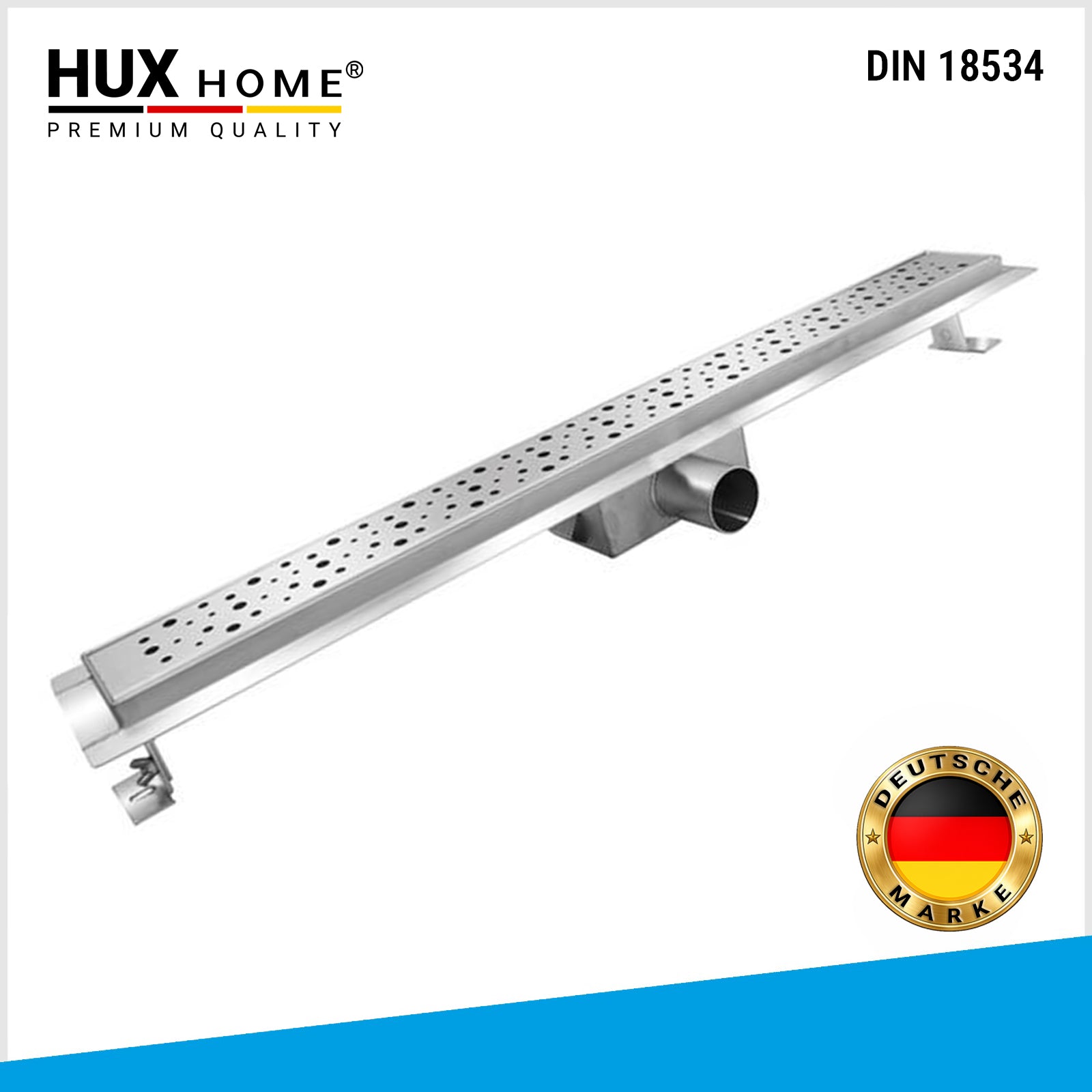 HUX HOME PREMIUM, Duschrinne, Edelstahl V2A, bodengleich, DIN 18534, verstellbare Füße, Abdeckung perle, Zubehör inklusive
