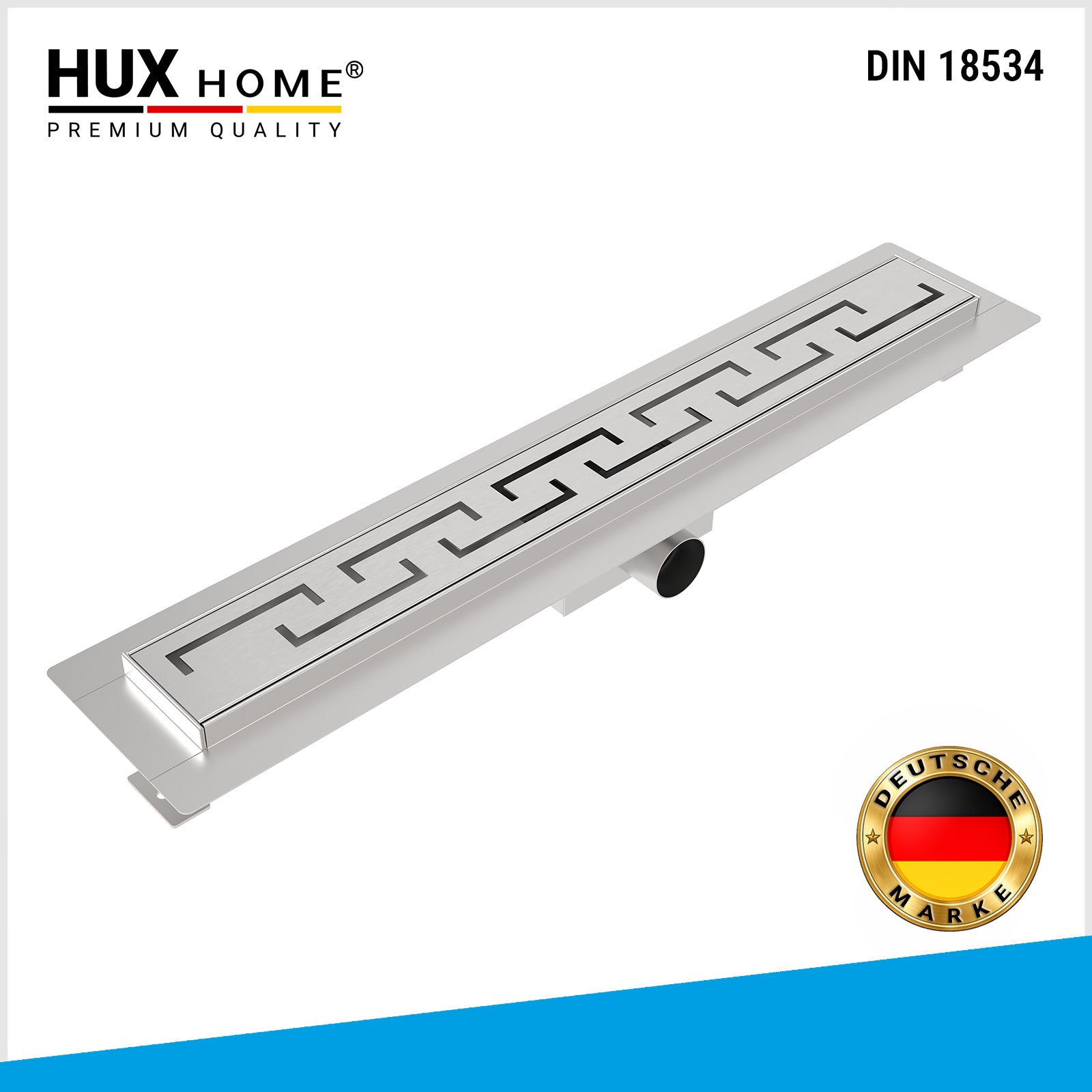 HUX HOME® PREMIUM Duschrinne aus Edelstahl V2A mit Griechisch Abdeckung, Ansicht von oben DIN 18534 konform