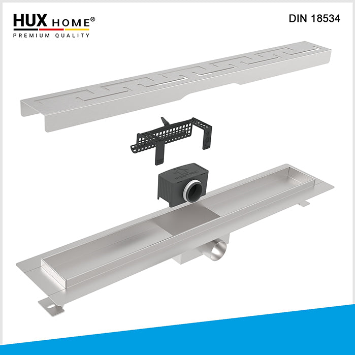 HUX HOME® PREMIUM Duschrinne aus Edelstahl V2A mit Griechisch Abdeckung, Ansicht von oben DIN 18534 konform
