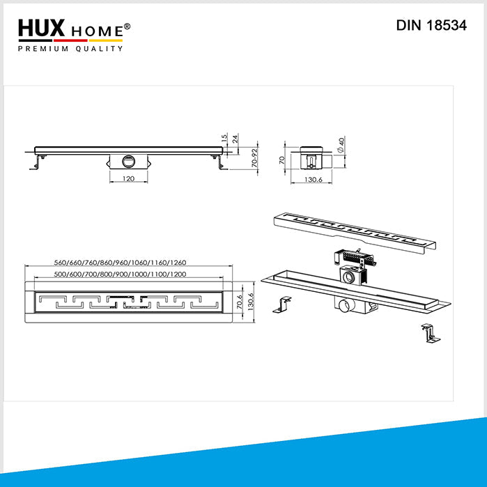 HUX HOME® PREMIUM Duschrinne aus Edelstahl V2A mit Griechisch Skizze