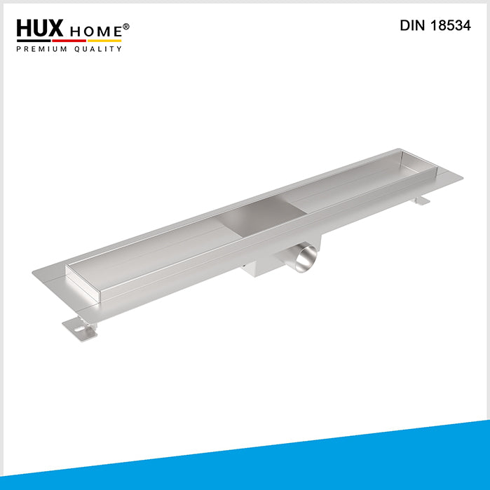 Basis Duschrinnen HUX HOME® PREMIUM Duschrinne aus Edelstahl V2A – Ansicht von oben, mit sichtbarem Siphon, Haarsieb-Einsatz und Edelstahlabdeckung, Modell K zur bodengleichen Montage, DIN 18534 konform