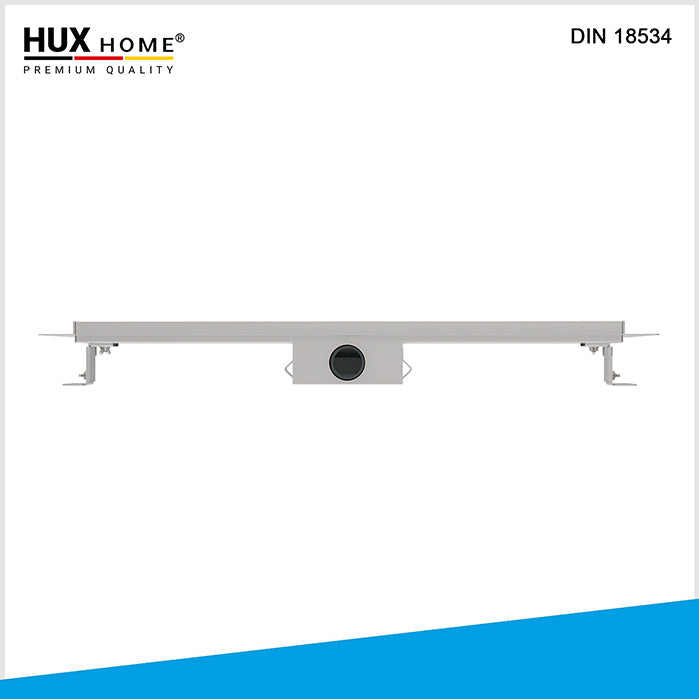 Unterseite der HUX HOME Duschrinne Model K mit höhenverstellbaren Füßen und seitlichem Ablauf