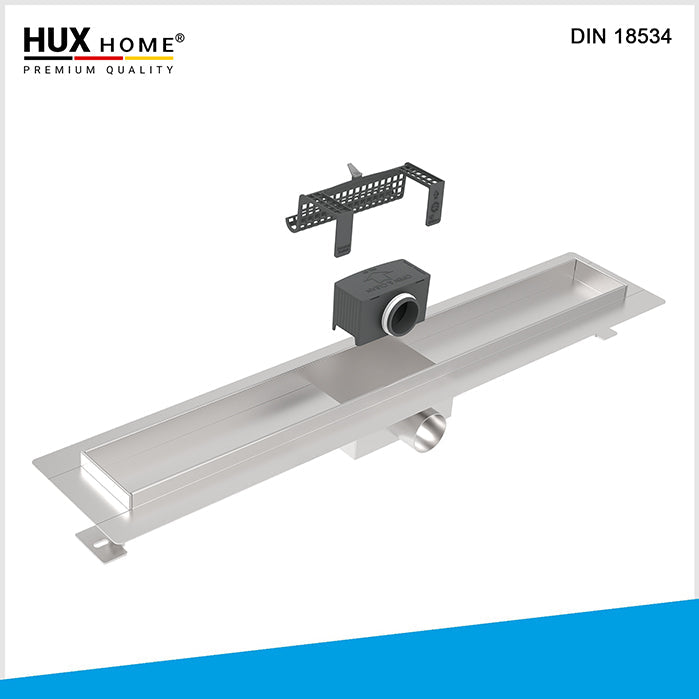 Basis Duschrinnen HUX HOME® PREMIUM Duschrinne aus Edelstahl V2A – Ansicht von oben, mit sichtbarem Siphon, Haarsieb-Einsatz und Edelstahlabdeckung, Modell K zur bodengleichen Montage, DIN 18534 konform