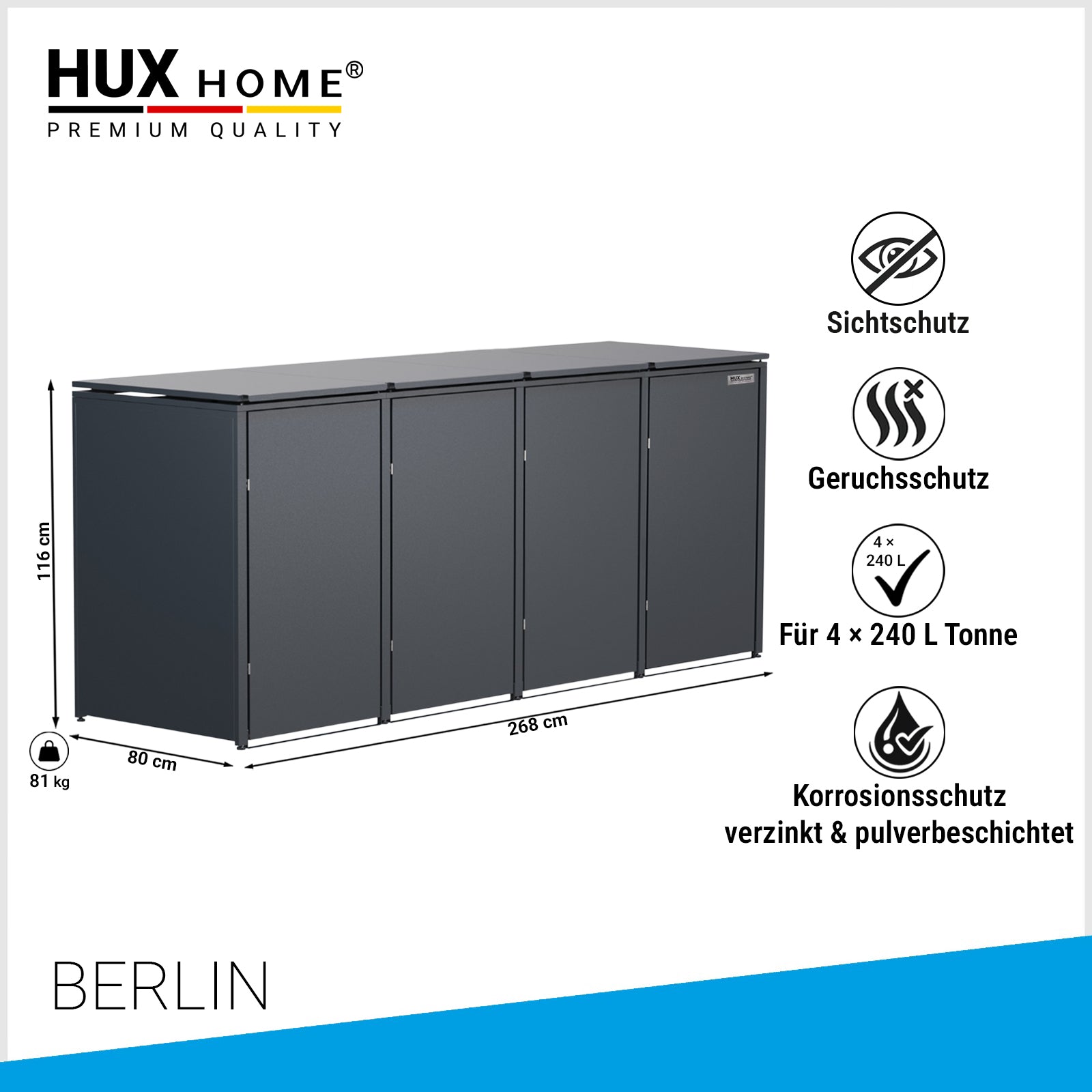 HUX-HOME® Berlin Mülltonnenbox / Mülltonnenverkleidung für 4 x 240L Tonnen