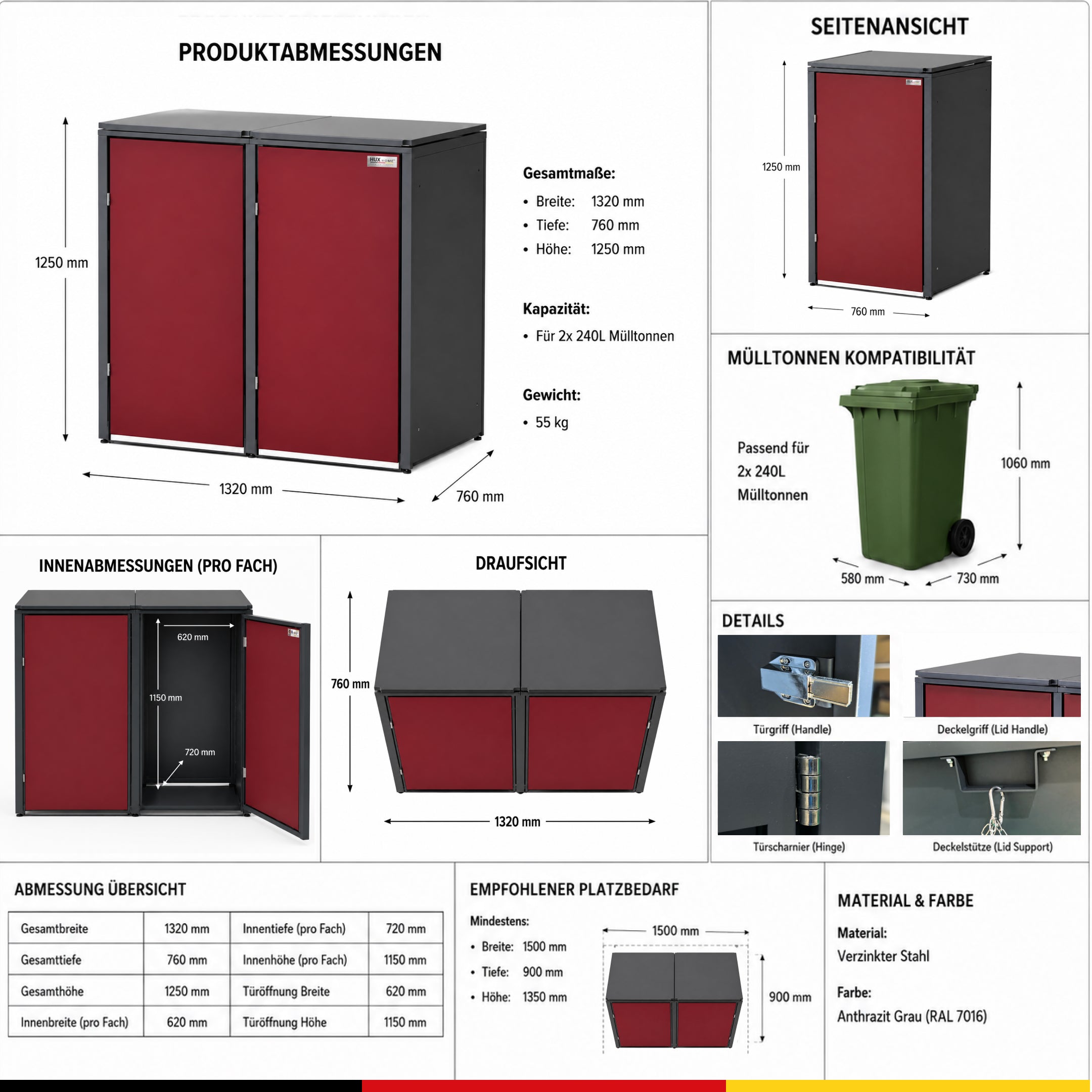HUX-HOME® München Mülltonnenbox / Mülltonnenverkleidung für 240L Tonnen