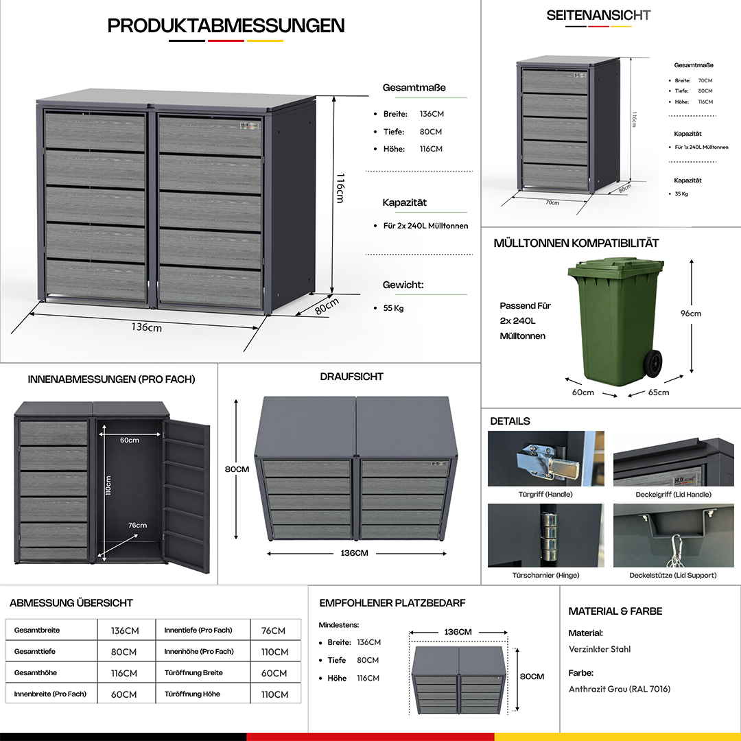 HUX-HOME® Düsseldorf wheelie bin box / wheelie bin enclosure for 240 L bins V.2