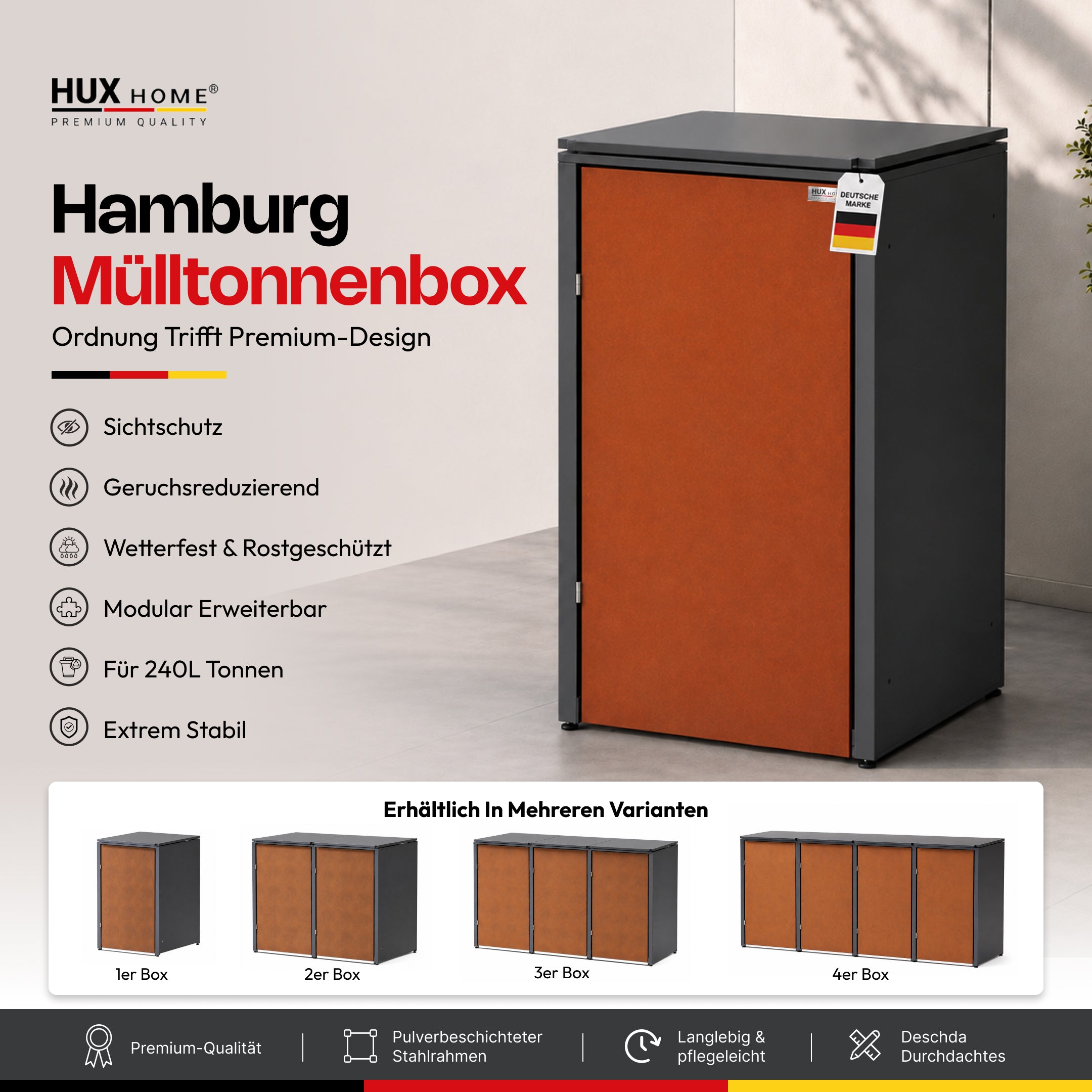 HUX-HOME® Hamburg Mülltonnenbox / Mülltonnenverkleidung für 240L Tonnen