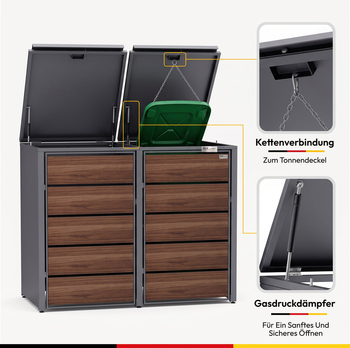 HUX-HOME® Potsdam Holzoptik Mülltonnenbox / Mülltonnenverkleidung für 240L Tonnen