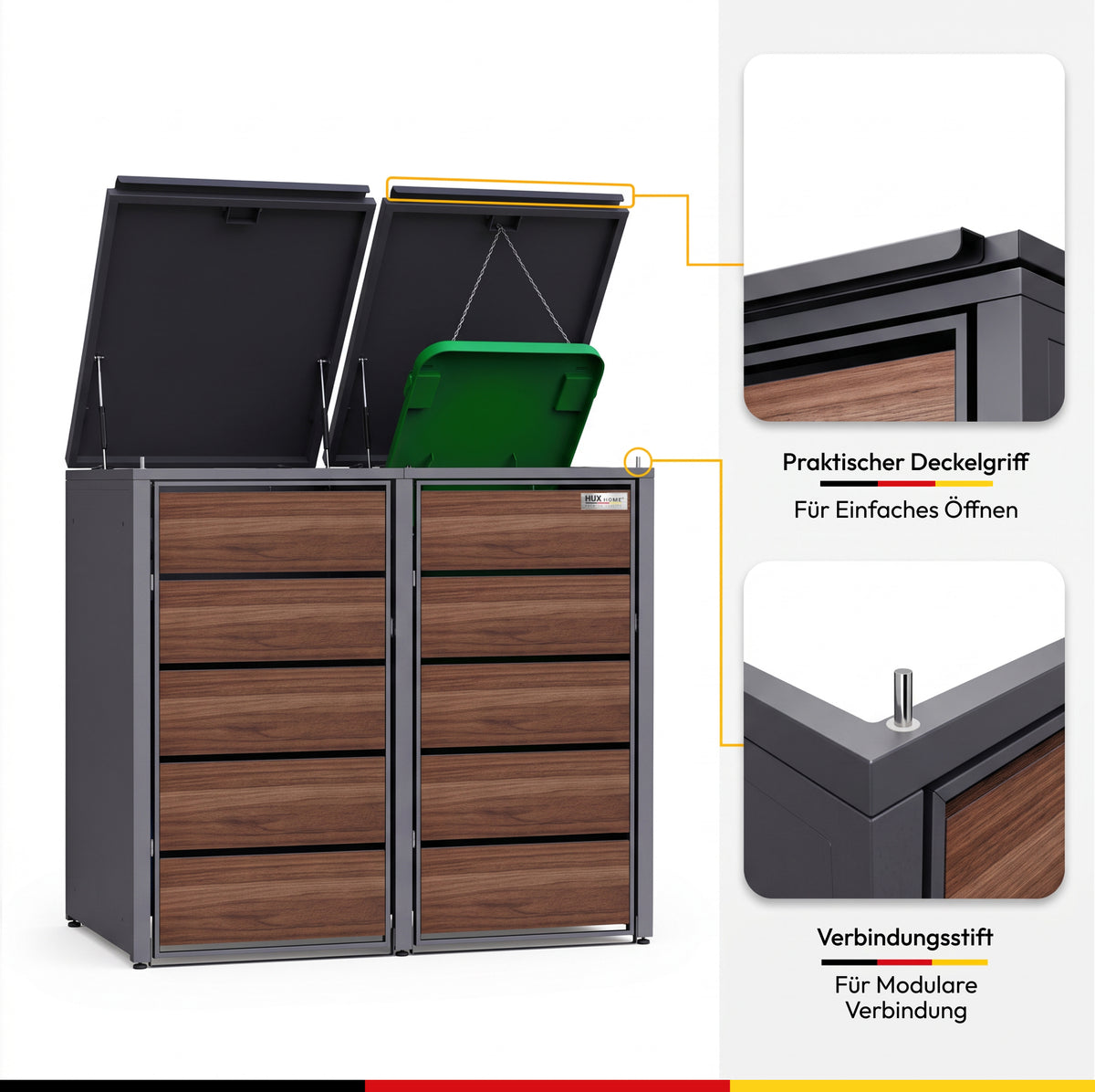 HUX-HOME® Potsdam Holzoptik Mülltonnenbox / Mülltonnenverkleidung für 240L Tonnen